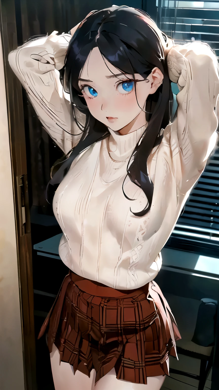 (masterpiece,best quality)),{ Manhwa_artstyle_LoRA(1.2( : Manhwa_Style } {horror_edit} { } { :{ Loona_Chuu : k-pop_artist : daek_brown_long_hair :, perfectly_shaped_breast: perfectly_slender_body : } { white sweater, skirts,, }} {standing : obedient : hands_behind_head } { no_emotion : hypnotic_eyes : hypnotized_eyes : lazy_eyes} { sweating : } { : room : dark : }