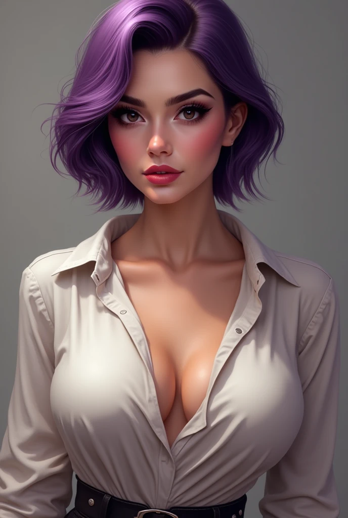 1Girl, Purple Hair, Solo, Purple Eyes, Earrings, Light Purple Shirt, Lips, Small-Medium Bosom, Jewelry, Freckles Under Eye, Upper Body, Lipstick, Looking At Viewer, Belt, Parted Lips, Realistic, Short Hair, Gloves, Cotton Blouse