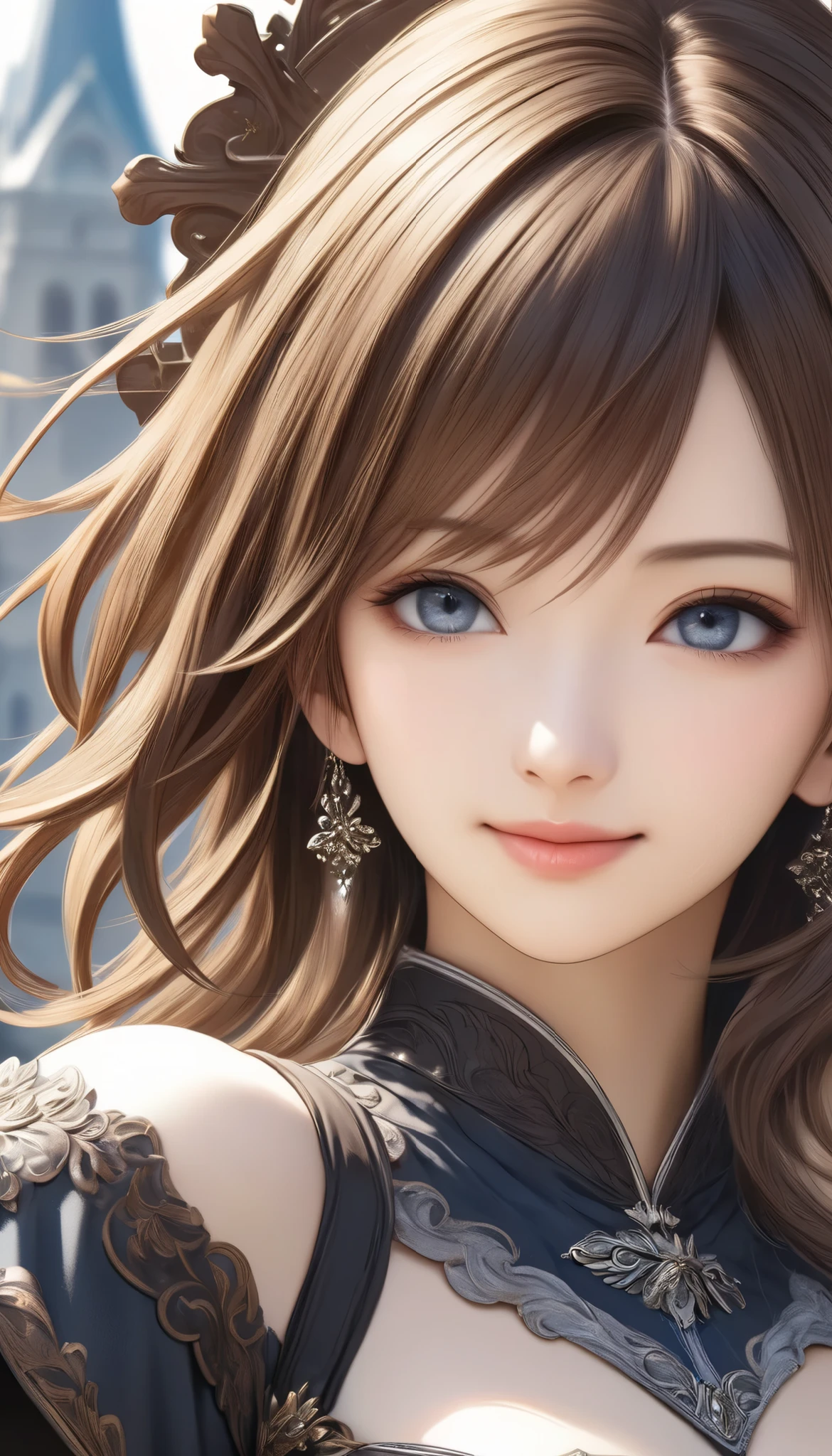 Final Fantasy Style , Takahashi Kazunari's masterpiece, Depiction of a face expressed down to the smallest detail, Detailed Eyes 、Detailed faces、A masterpiece of hair drawn down to the smallest detail , top quality, illustration , Super Detail, fine detail, high resolution, 8k wallpaper, perfect dynamic composition, beautiful detailed eyes, dress , medium hair , middle of chest, Natural Color Lip, Random Sexy Poses,smile, tower mansion