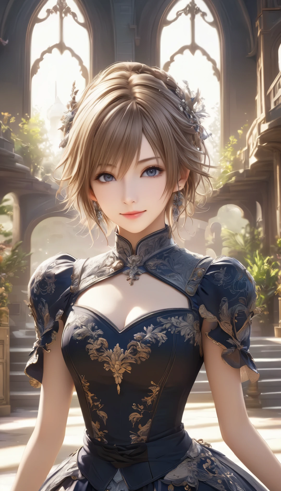 Final Fantasy Style , Takahashi Kazunari's masterpiece, Depiction of a face expressed down to the smallest detail, Detailed Eyes 、Detailed faces、A masterpiece of hair drawn down to the smallest detail , top quality, illustration , Super Detail, fine detail, high resolution, 8k wallpaper, perfect dynamic composition, beautiful detailed eyes, dress , medium hair , middle of chest, Natural Color Lip, Random Sexy Poses,smile, tower mansion