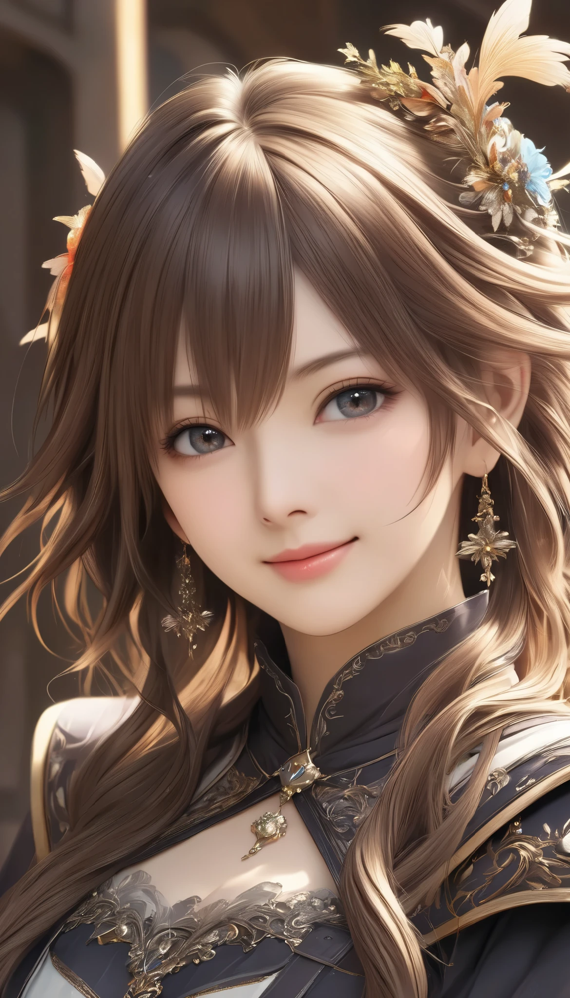 Final Fantasy Style , Takahashi Kazunari's masterpiece, Depiction of a face expressed down to the smallest detail, Detailed Eyes 、Detailed faces、A masterpiece of hair drawn down to the smallest detail , top quality, illustration , Super Detail, fine detail, high resolution, 8k wallpaper, perfect dynamic composition, beautiful detailed eyes, dress , medium hair , middle of chest, Natural Color Lip, Random Sexy Poses,smile, tower mansion