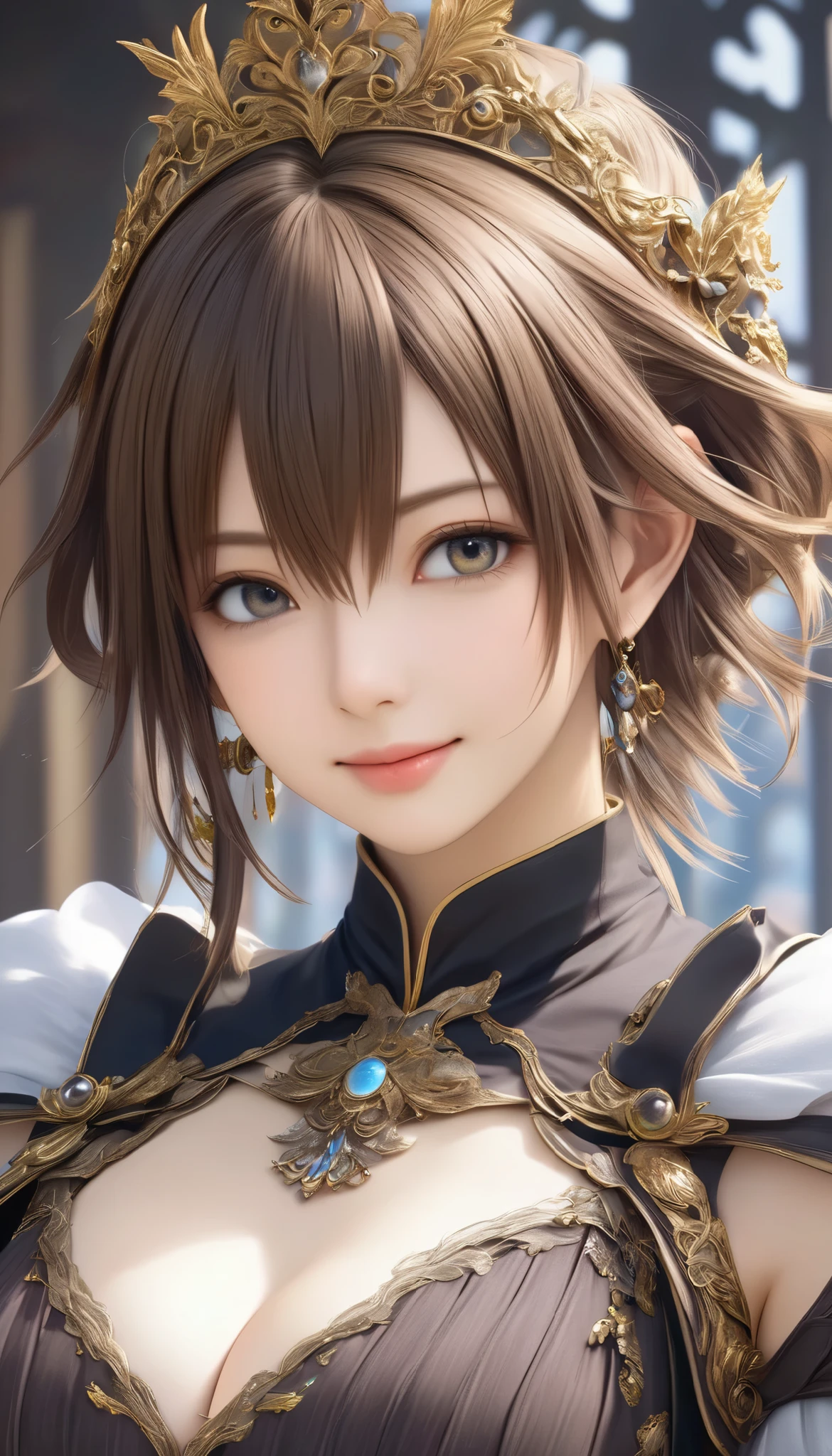 Final Fantasy Style , Takahashi Kazunari's masterpiece, Depiction of a face expressed down to the smallest detail, Detailed Eyes 、Detailed faces、A masterpiece of hair drawn down to the smallest detail , top quality, illustration , Super Detail, fine detail, high resolution, 8k wallpaper, perfect dynamic composition, beautiful detailed eyes, dress , medium hair , middle of chest, Natural Color Lip, Random Sexy Poses,smile, tower mansion