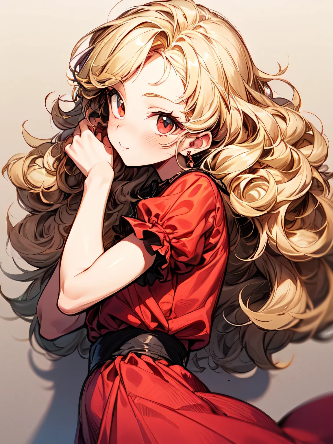 sideview,(looking at viewer:1.3),Alone,ars old,upperbody,adult woman face,(blonde Frizzy curly hair),blonde Frizzy curly bangs,(Swedish girl),crimson red flared dress,dancing pose:1.2,fun,best quality, top quality, best quality, (manga style),(sketch),(illustration)