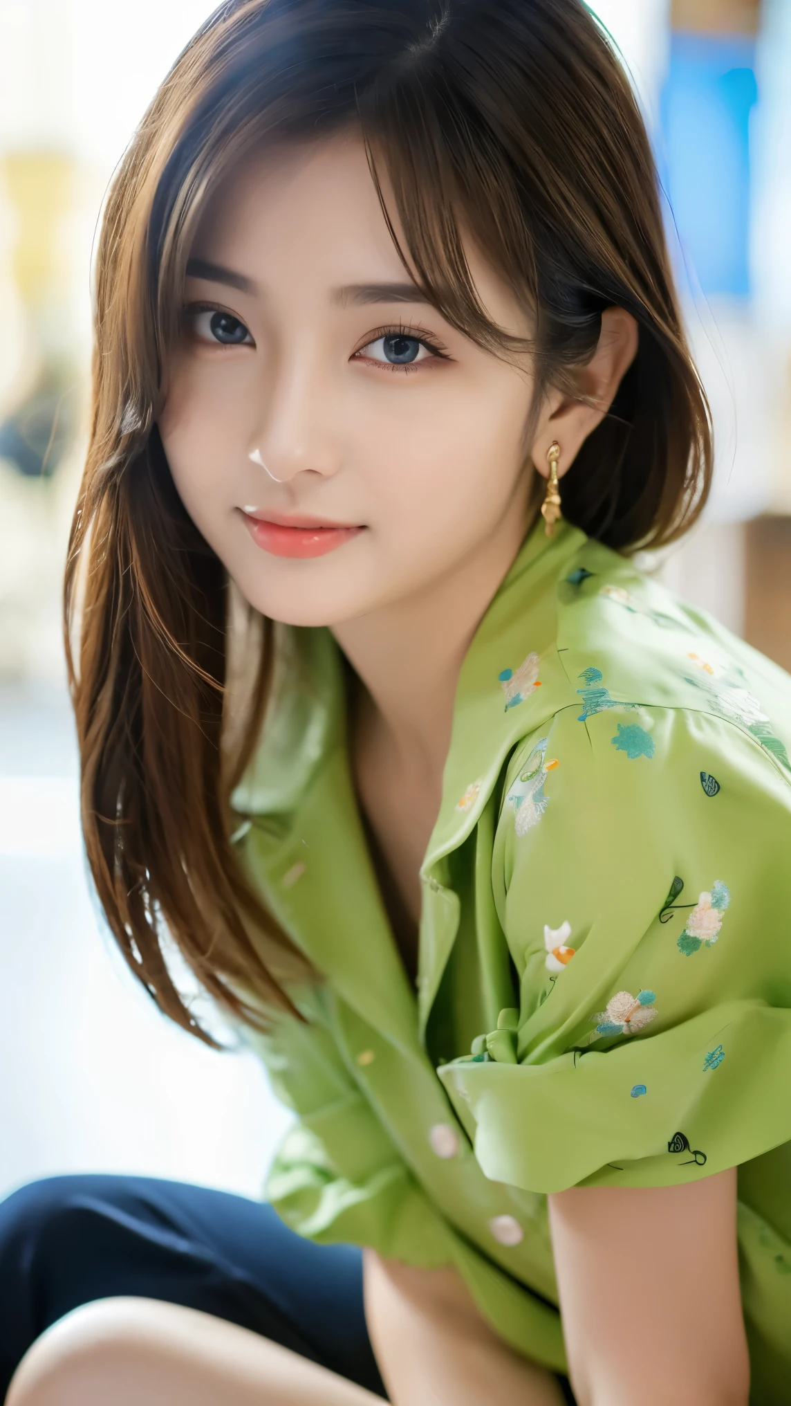1 girl, national foundation, ((8k, raw, masterpiece: 1.5)), (Professional photography, sharp:1.2), Perfect dynamic composition, (Natural sun light), (soft shadow), (Perfect body:1.4), (((skinny figure))), ((huge round breasts: 1.35)), (((((medium long hair,bangs))))), Ultra-detailed faces and skin, perfect asian, White skin, (Delicate skin:1.4), (latex skin:0.4), (perfect glowing skin:0.6), light brown eyes, beautiful eyes, round eyes, pretty face, blush, glossy lips, ((plump lips)), glossy eyes, Really moist skin, looking at camera, Elegant pearl necklace, Elegant earrings, minimalist, (((green shirtdress)))