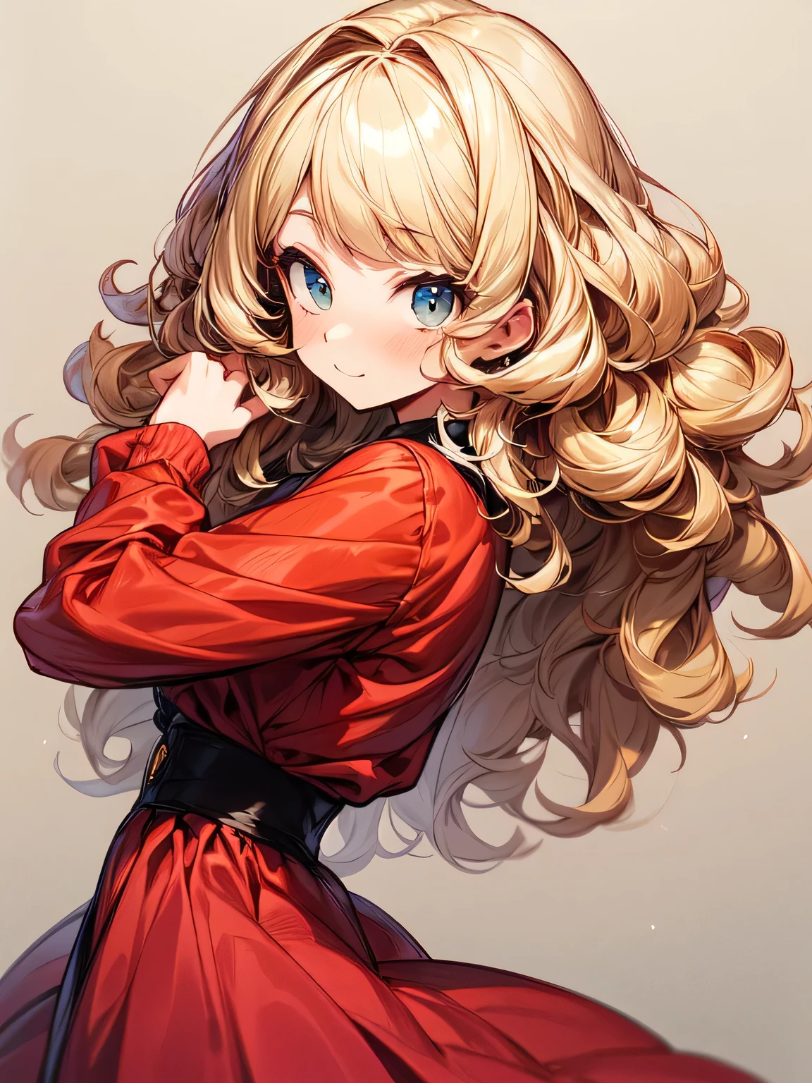 sideview,(looking at viewer:1.3),Alone,ars old,upperbody,adult woman face,(blonde Frizzy curly hair),blonde Frizzy curly bangs,(Swedish girl),crimson red flared dress,dancing pose:1.2,fun,best quality, top quality, best quality, (manga style),(sketch),(illustration)
