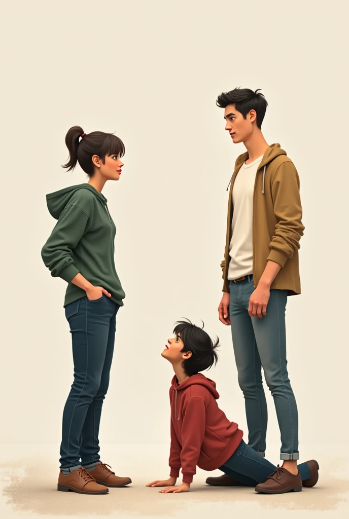 family, happy family of three, three people standing in a row with one wearing a purple shirt, full body portrait of a group, full body portraits, full body portrait painting, digitally painted, a digital rendering, rotoscoped, fully body portrait, digitally painting, realistically rendered clothing, full body portrait, artistic rendering, group of people, diverse outfits, of a family standing in a park