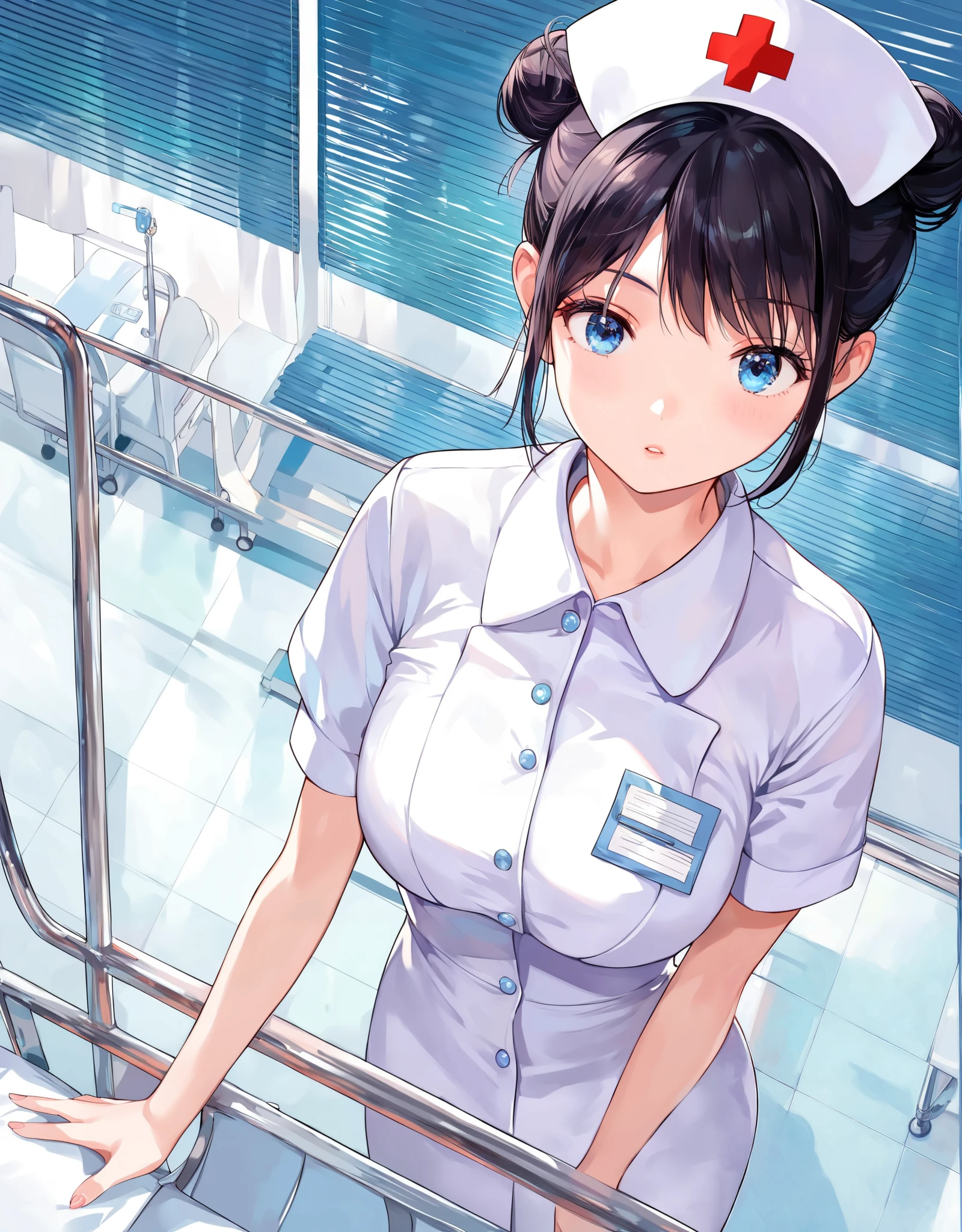 ( high quality: 1.3), ( is present: 1.3), (( super high resolution)), 8k, ((Masterpiece, 最 high quality, high quality)), one girl, hospital examination room , beautiful , (( Black short hair , bun hair for your toes , great style )), (((Female nurse , blue eyes, Young face立ち, female high school students))), white nurse suit with no marks, ((from above, upper body, looking down)), ((((Young face, high school girl))))