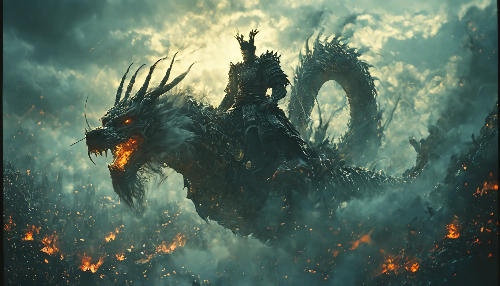 Heroic Centerpiece:
The Monkey King-inspired warrior remains the focal point, mid-leap, but is now dwarfed by the massive backdrop and enemies around him.
His glowing staff becomes a beacon of hope against the overwhelming scale of his foes and the environment.
Background Enhancements for a Megalophobic Effect:
Colossal Opponent:

The blue-skinned giant dominates the upper right side of the poster, his sheer size exaggerated to cover almost half the frame. His dragon-themed armor has intricate carvings that glow faintly, making him look ancient and terrifying.
His weapon (a massive, dragon-shaped war hammer) appears as if it could shatter mountains, its shadow stretching across the poster.
Overwhelming Sky Ruins:

Add towering floating ruins that extend endlessly into the misty sky. Their jagged edges and crumbling state create a sense of danger.
Ancient, glowing runes and energy streams cascade down from the ruins like waterfalls of light.
Flying Behemoths:

Include massive, dragon-like creatures in the distance, their silhouettes casting ominous shadows on the clouds below. Some are mid-flight, while others perch atop the ruins, watching the battle unfold.
Sky and Depth:

Use a vast sunset sky, with layers of swirling clouds stretching endlessly into the horizon. Golden beams of light illuminate parts of the battlefield, while distant storms and lightning bolts hint at chaos.
Foreground Details for Depth:
Ancient Debris:

Scattered chunks of floating ruins with glowing inscriptions hover near the warrior. These pieces create a 3D feel, making the viewer feel surrounded by the scene.
Small shards of broken weapons and armor lie scattered on floating rock platforms.
Energy Trails:

Add faint, glowing trails left by the warrior’s leap and the giant’s movements, emphasizing their scale and speed.
Color Palette and Lighting:
Golden and Fiery Tones: Highlight the hero, contrasting against the darker, ominous tones of the foes and environment.
Blue and Black Shadows: Sur