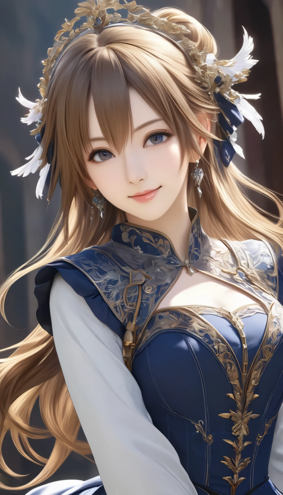 Final Fantasy Style , Takahashi Kazunari's masterpiece,  Depiction of a face expressed down to the smallest detail,  Detailed Eyes 、Detailed faces、A masterpiece of hair drawn down to the smallest detail ,  top quality,  illustration ,  Super Detail,  fine detail,  high resolution,  8k wallpaper,  perfect dynamic composition,  beautiful detailed eyes,  dress ,  medium hair ,  middle of chest,  Natural Color Lip,  full body close up, Random Sexy Poses,smile, tower mansion