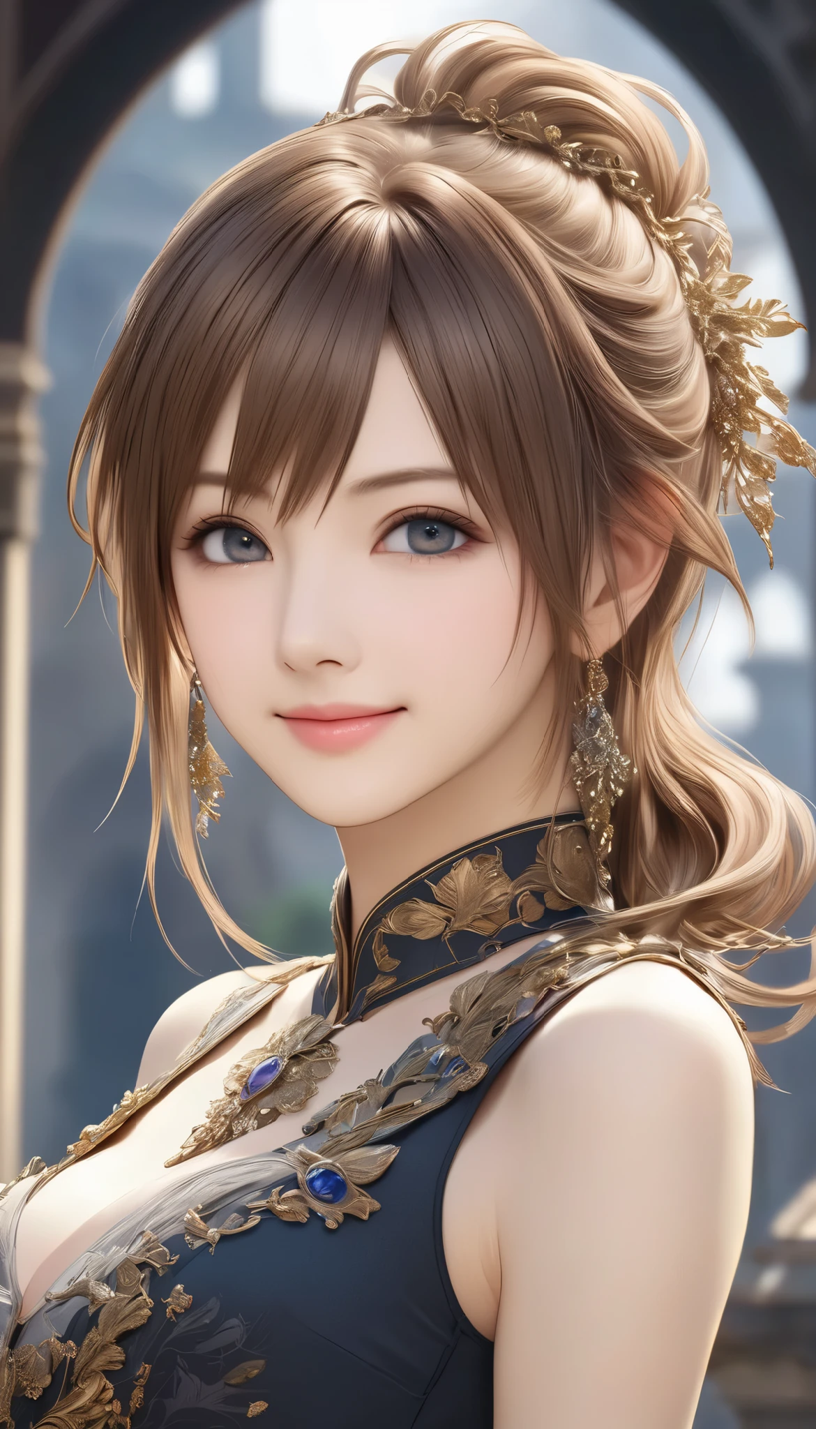 Final Fantasy Style , Takahashi Kazunari's masterpiece, Depiction of a face expressed down to the smallest detail, Detailed Eyes 、Detailed faces、A masterpiece of hair drawn down to the smallest detail , top quality, illustration , Super Detail, fine detail, high resolution, 8k wallpaper, perfect dynamic composition, beautiful detailed eyes, dress , medium hair , middle of chest, Natural Color Lip, full body close up, Random Sexy Poses,smile, tower mansion