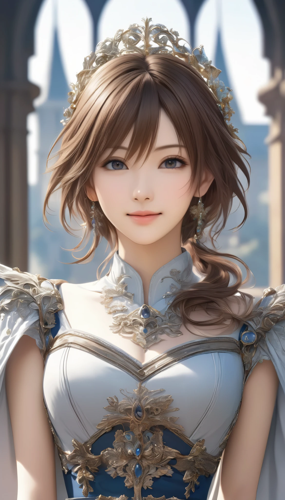 Final Fantasy Style , Takahashi Kazunari's masterpiece,  Depiction of a face expressed down to the smallest detail,  Detailed Eyes 、Detailed faces、A masterpiece of hair drawn down to the smallest detail ,  top quality,  illustration ,  Super Detail,  fine detail,  high resolution,  8k wallpaper,  perfect dynamic composition,  beautiful detailed eyes,  dress ,  medium hair ,  middle of chest,  Natural Color Lip,  full body close up, Random Sexy Poses,smile, tower mansion