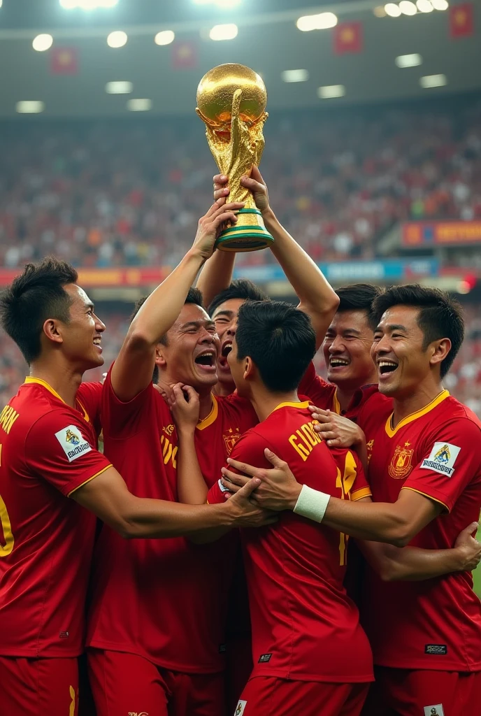 Chinese men's national football team won the World Cup championship Style: Real clothes: Red environment: Football field Lens: Looking up Effect: Light chasing --auto --s2