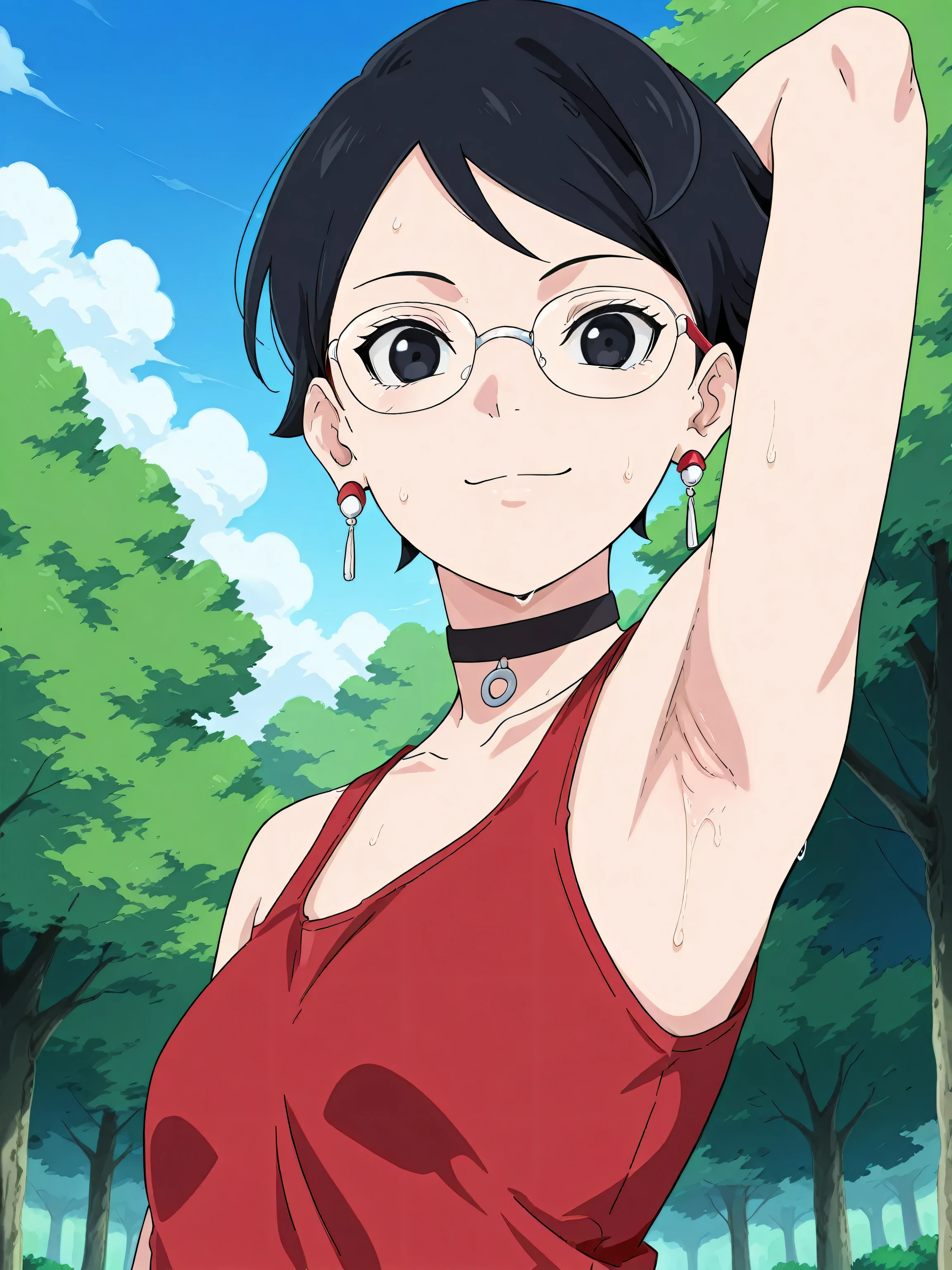 masterpiece, best quality, amazing quality, anime screencap, 1girl, solo, Sarada Uchiha, black hair, short hair, black eyes, glasses, earrings, choker, red tank top, straps, arm behind head, armpit, head towards viewer, looking at viewer, smile, closed mouth, sweaty, outdoors, day, park, from side, from below