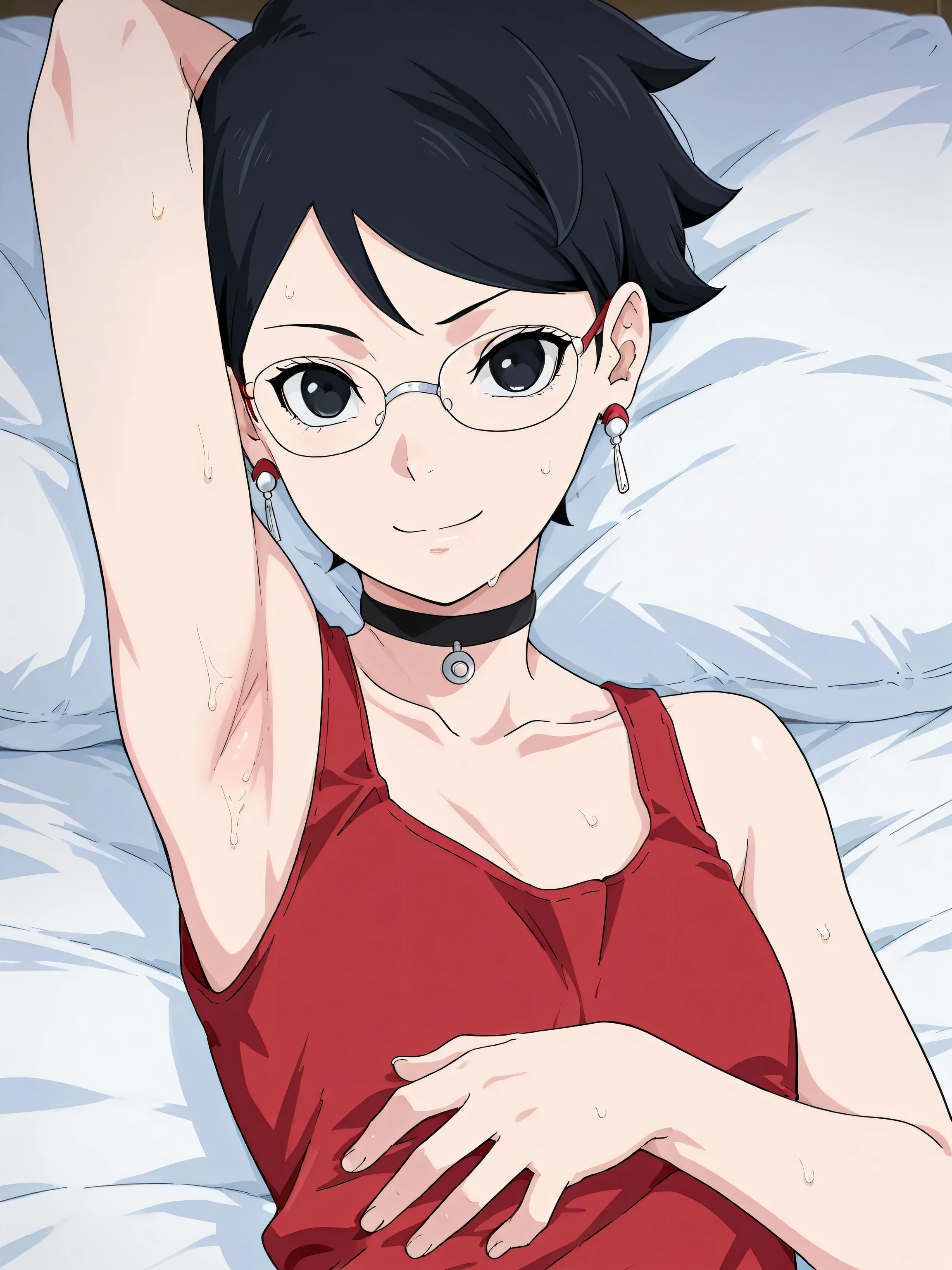 masterpiece, best quality, amazing quality, anime screencap, 1girl, solo, Sarada Uchiha, black hair, short hair, black eyes, glasses, earrings, choker, red tank top, straps, arm behind head, armpit, head towards viewer, looking at viewer, smile, closed mouth, sweaty, lying in bed, low light