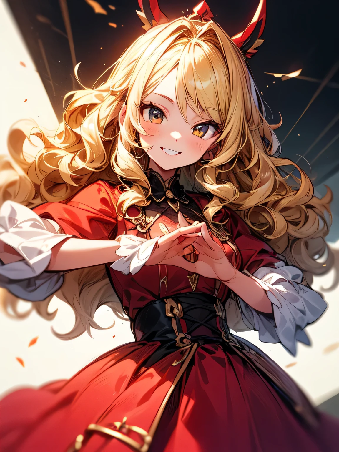 dutch angle,(looking at viewer:1.3),Alone,ars old,upperbody,adult woman face,(blonde Frizzy curly hair),blonde Frizzy curly bangs,(Swedish girl),crimson red flared dress,dancing pose:1.2,fun smile,best quality, top quality, best quality, (manga style),(sketch),(illustration)