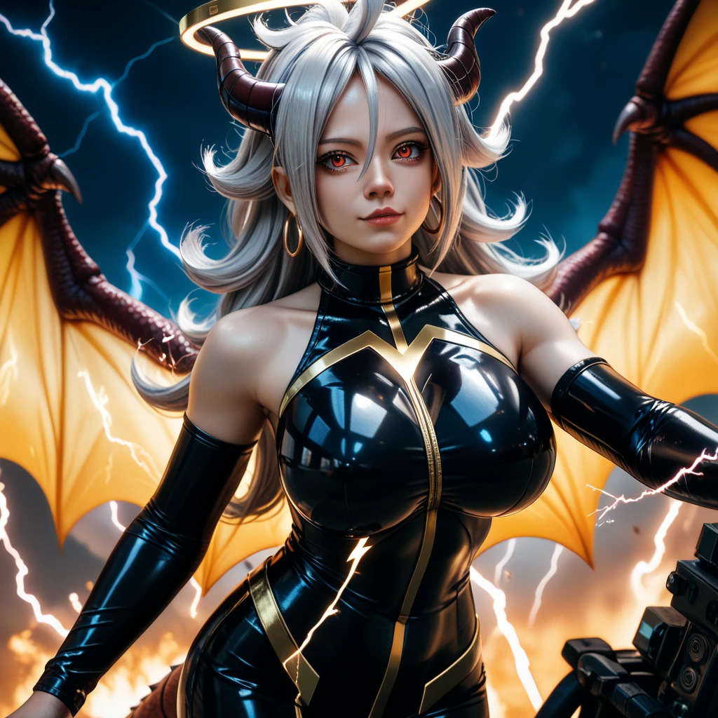Stormy Daniels as a hyper-giant, Hyper-powerful demon with a demon horn on its head and demon wings, and throws purple lightning bolts at a building and breaks buildings , ville en ruine post apocalyptique,