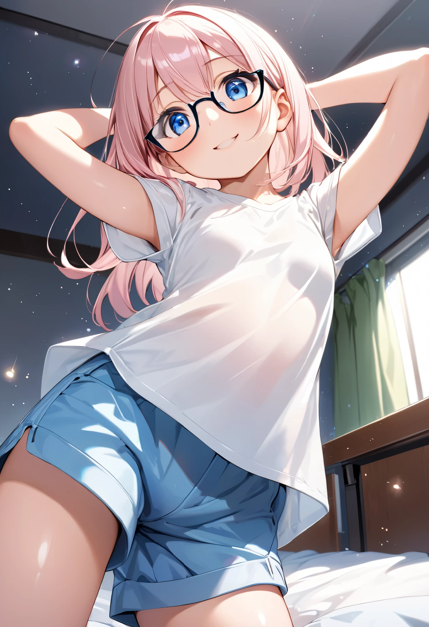 Mie Ai、1 girl、Wavy hair、glasses、small breasts、he is short、、High resolution、highest quality、detailed face、detailed eyes、white pantieiniskirt,squatting,open legs,srpead legs