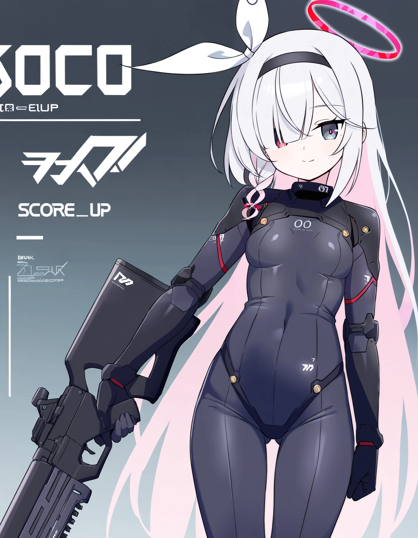 plana \(blue archive\),hair over one eyes,grey eyes, 1girl,pink hair,weapon,gun,solo,red eyes,holding,mechanical arms,bodysuit,breasts,smile,science fiction,hairband,tattoo,simplified chinese text,android,fake animal ears,mecha musume, BREAK,masterpiece, best quality,