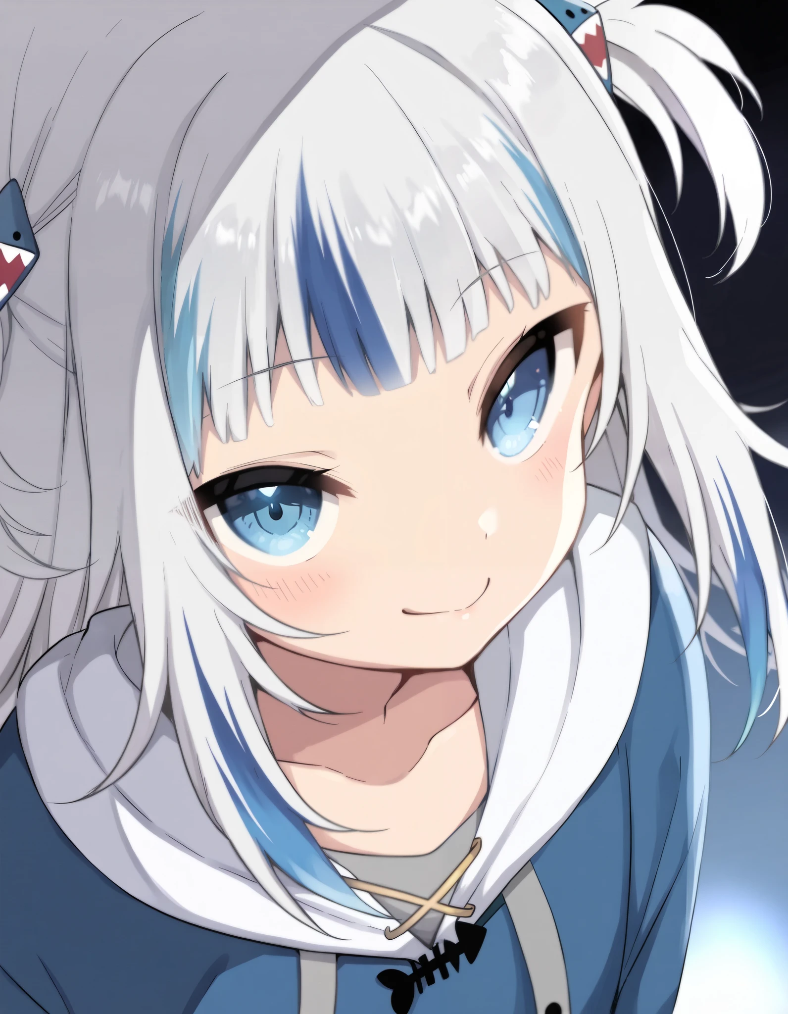 anime, (best quality),(highly detailed),((masterpiece)),((best quality)),(ultra-detailed),((extremely detailed)),(high resolution),,best quality,(beautiful),(dynamic lighting),(super detailed skin),sharp focus,(masterpiece:1.2),best quality,very aesthetic),masterpiece,best quality,very aesthetic,1girl,BREAK gawr gura,virtual youtuber,blue eyes,shark hair ornament,multicolored hair,blue hair,two side up,grey hair,smile,