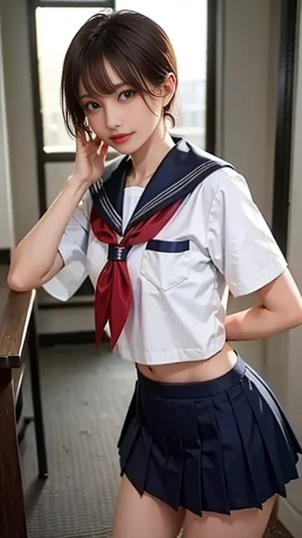 women in classroom, ((sailor suit, white crop top)), blue school skirt, student uniform, Open the navel, Open belly, (Shows the abdominal area),  