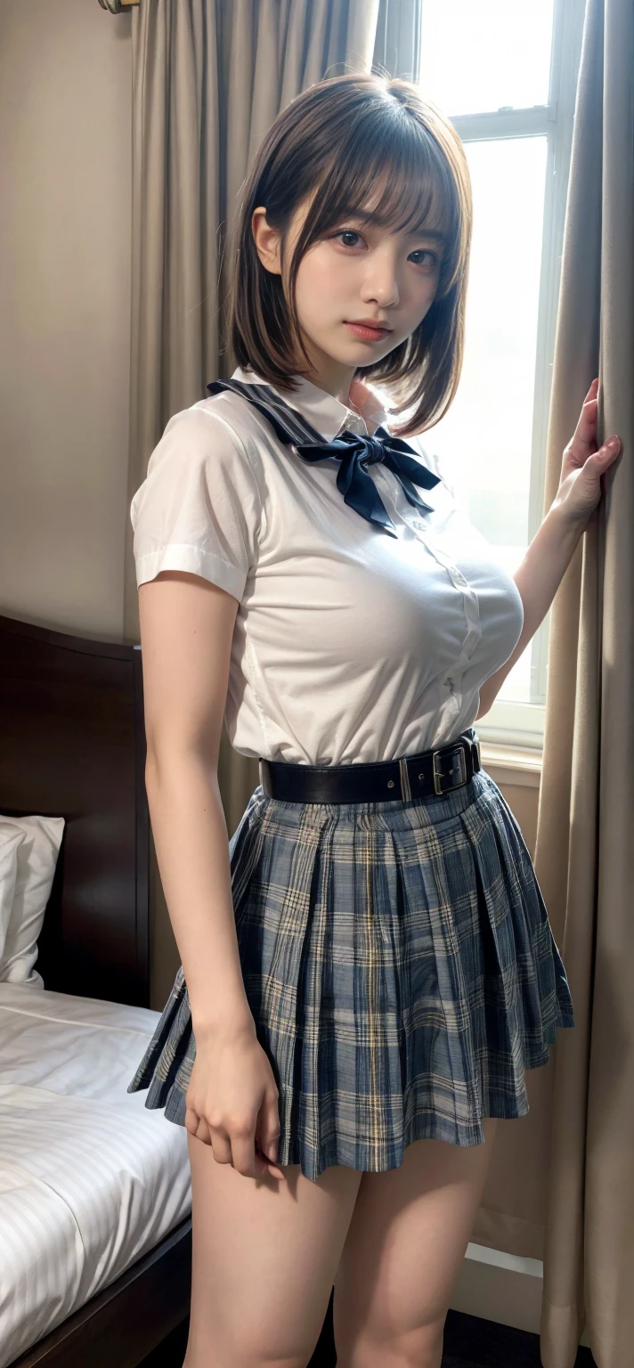 (8K, 超A high resolution, Best Quality, masutepiece:1.2),(18year old:1.2)、(huge smile)、(Look away)、8K、RAW portrait of japanese girl、Photorealsitic、超A high resolution、top-quality、 (huge-breasted、Close all buttons on the shirt:1.3),(student clothes、Pure White Cutter Shirt、Pleated mini-skirt:1.5)、(Put your hands behind your head、Show the armpits:1.2)、(Inside a convenience store:1.2) BREAK (Natural Skin Texture、Detailed skin、Hyper-Realism、ultra sharpness)、intricate detailes、depth of fields、Japan idol system、hposing Gravure Idol、Gal、爆乳、Blonde short bob、(Large thigh opening:1.2)、voluptuous breasts、big eye、Thin makeup、bangss、Eye lashes、Crisp double、cheerful look、Dainty schoolgirl、Pure White Cutter Shirt、(Squat、Crotch indirect:1.58)、(Put a white shirt inside the skirt:1.73)、Show the armpits、Plaid pleated skirt、Black loafers、Black stockings、(Flashy ultra-fine T-back with small area:1.5)、portlate、Perfect Angle Pro Quality High Resolution Perfect Contrast Perfect Lighting Perfect Composition Perfect Wife Perfect Skin Perfect Hands Perfect Fingers Perfect Chest Perfect Hair Perfect Face Realistic Facial Feature Masterpiece(4Person:1.58)