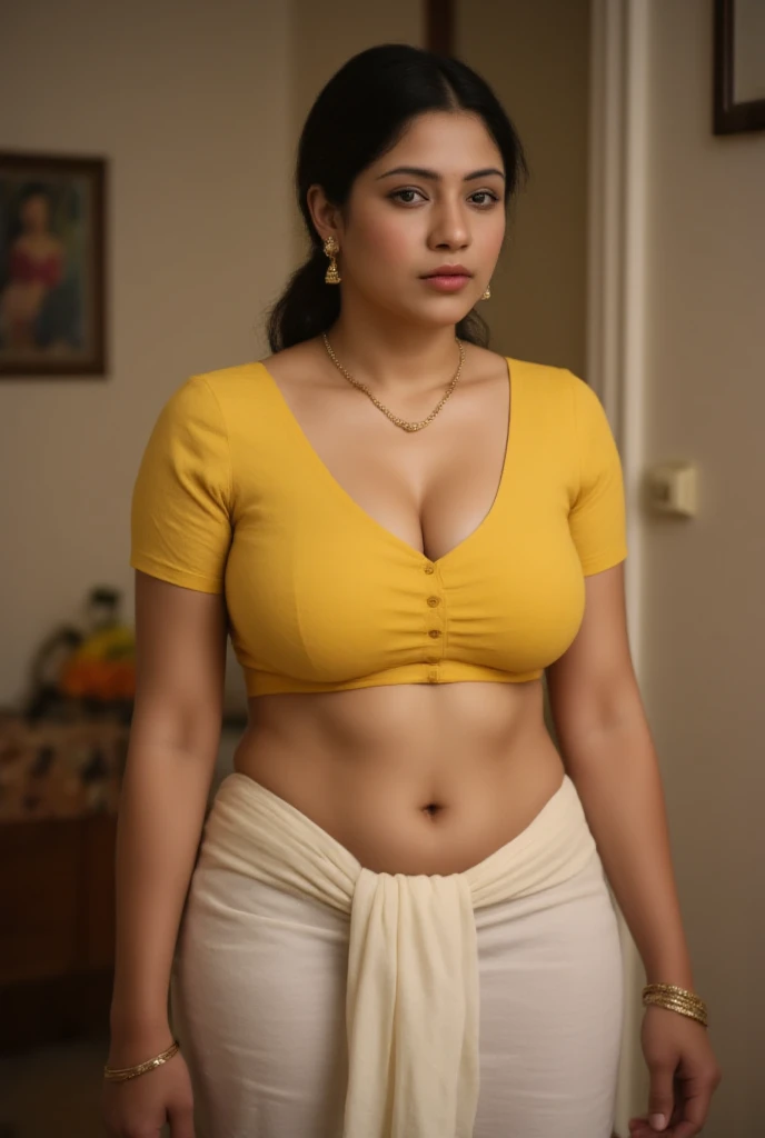 Beautiful young indian woman, wearing a sexy yellow saree, winter, straight, portrait, standing at a city alley, indian old city, very beautiful, traditional beauty, traditional indian clothes, hindu aesthetic, erotic, detailed face, detailed body, oily skin, symmetric face, cute, big breasts, big belly, curvy waist, soft , long curly hair, masterpiece, 8k, ultra realistic, detailed background, high resolution, god rays, ambient occlusion