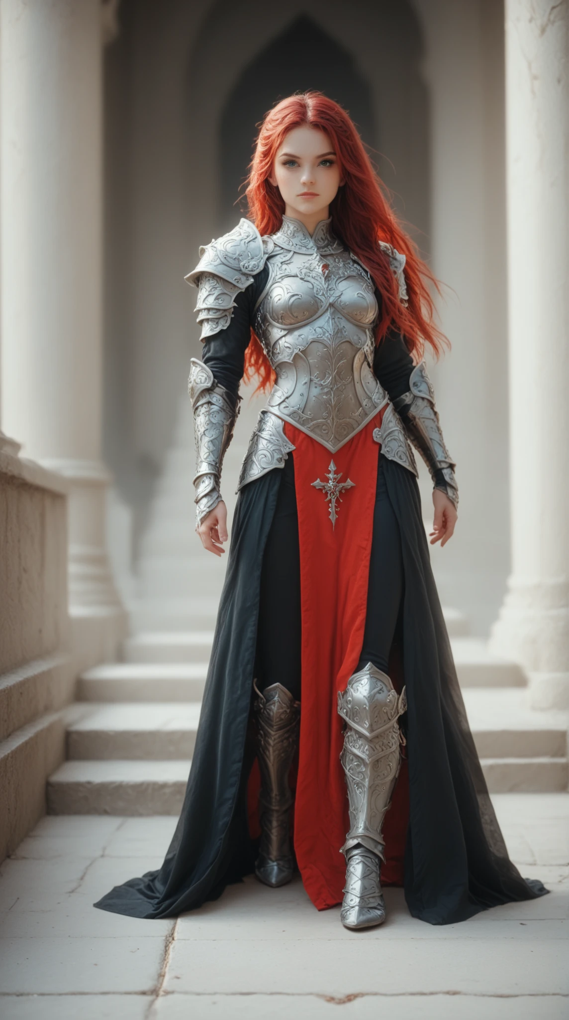1 Girl, Full body shot， Demon Warrior,  Beautiful ,   dark red hair ,  long hair,   small breasts,intricately detailed armor