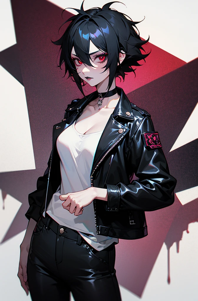 detailed, (masterpiece:1.2), (pale_skin:1.2), (solo:1.2), (female), slender, (glowing_eyes), (bright_eyes), smile, short hair, shirt, black hair, navel, jewelry, jacket, outdoors, open clothes, pants, necklace, grin, open jacket, tattoo, night, black pants, eyepatch, night sky, city, chest tattoo