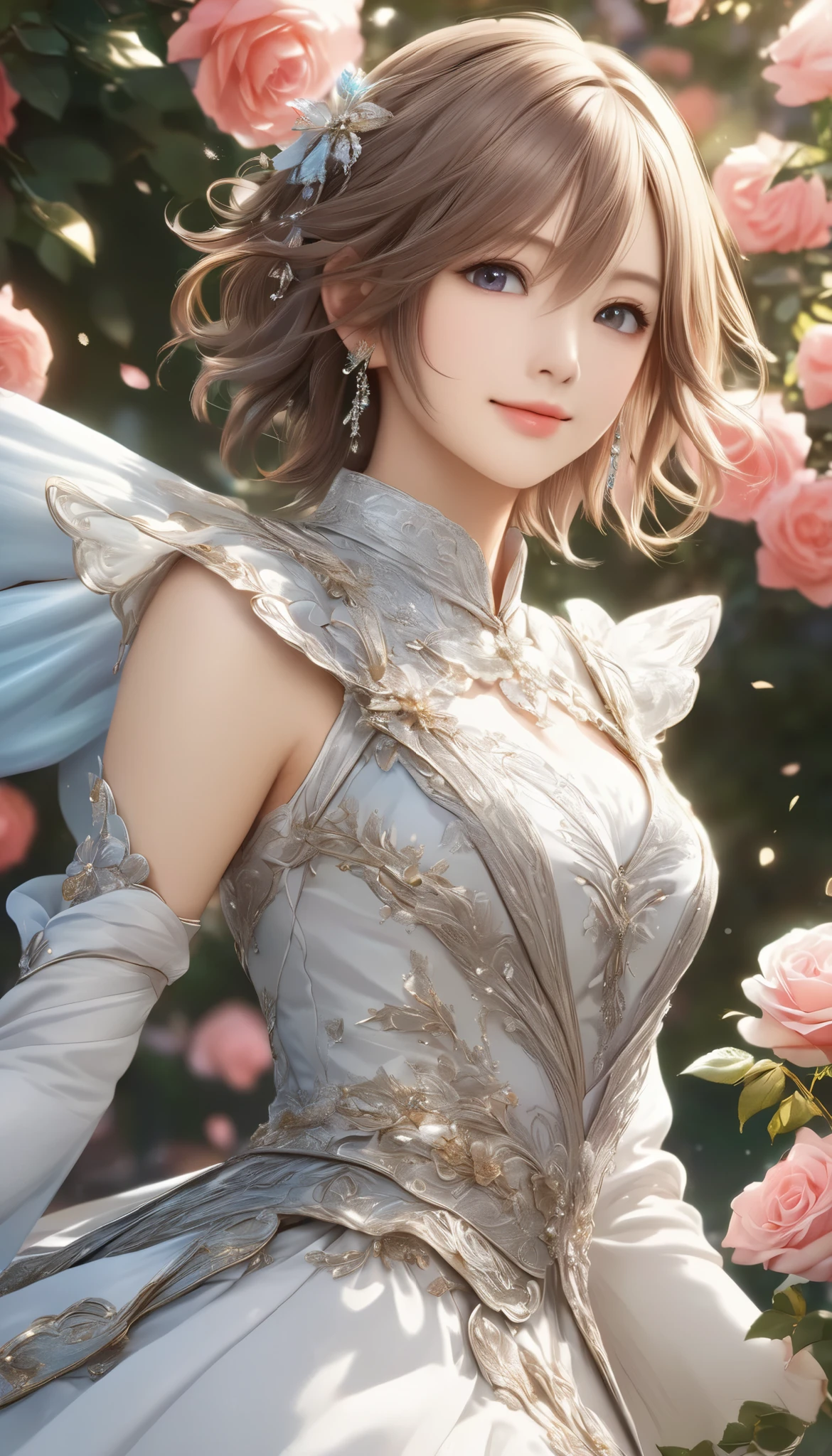 Final Fantasy Style , Takahashi Kazunari's masterpiece, Depiction of a face expressed down to the smallest detail, Detailed Eyes 、Detailed faces、A masterpiece of hair drawn down to the smallest detail , top quality, illustration , Super Detail, fine detail, high resolution, 8k wallpaper, perfect dynamic composition, beautiful detailed eyes, dress , medium hair , middle of chest, Natural Color Lip, full body close up, Random Sexy Poses,smile, rose garden, complicated light source 、 glitter、Mr.々Colored light 、 gorgeous 、Alluring