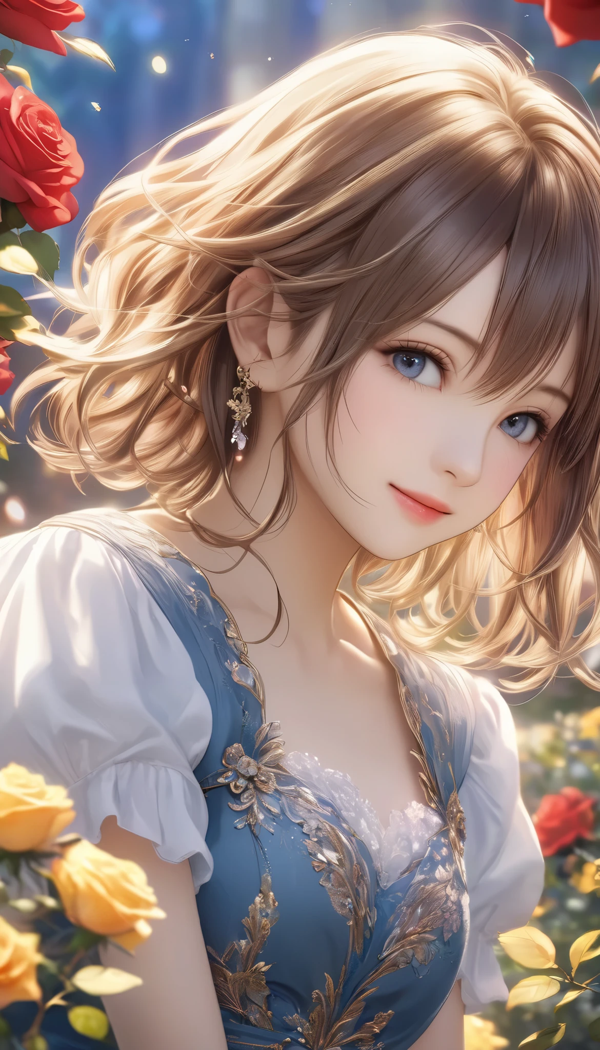 Final Fantasy Style , Takahashi Kazunari's masterpiece, Depiction of a face expressed down to the smallest detail, Detailed Eyes 、Detailed faces、A masterpiece of hair drawn down to the smallest detail , top quality, illustration , Super Detail, fine detail, high resolution, 8k wallpaper, perfect dynamic composition, beautiful detailed eyes, dress , medium hair , middle of chest, Natural Color Lip, full body close up, Random Sexy Poses,smile, rose garden, complicated light source 、 glitter、Mr.々Colored light 、 gorgeous 、Alluring