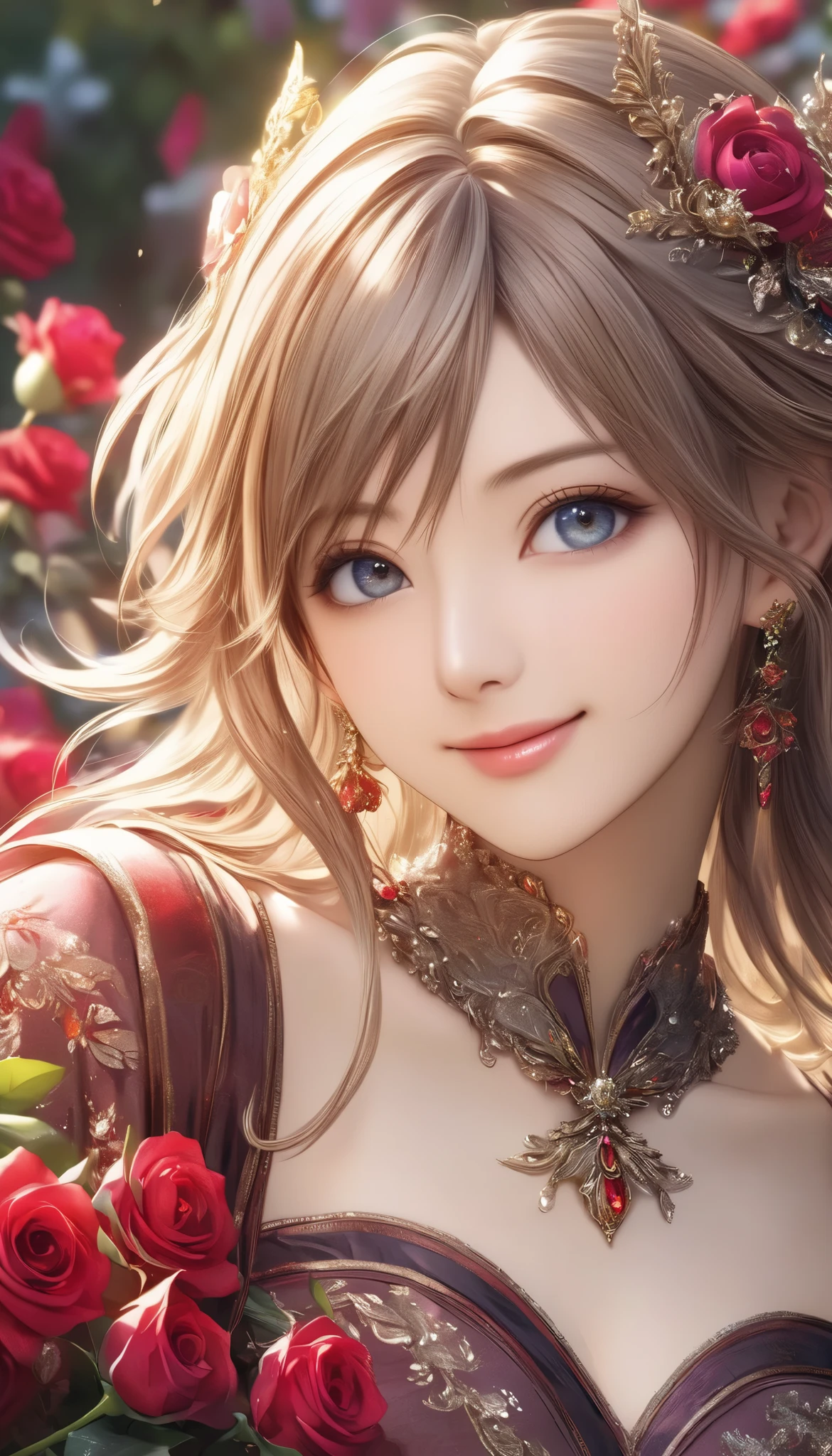 Final Fantasy Style , Takahashi Kazunari's masterpiece, Depiction of a face expressed down to the smallest detail, Detailed Eyes 、Detailed faces、A masterpiece of hair drawn down to the smallest detail , top quality, illustration , Super Detail, fine detail, high resolution, 8k wallpaper, perfect dynamic composition, beautiful detailed eyes, dress , medium hair , middle of chest, Natural Color Lip, full body close up, Random Sexy Poses,smile, rose garden, complicated light source 、 glitter、Mr.々Colored light 、 gorgeous 、Alluring