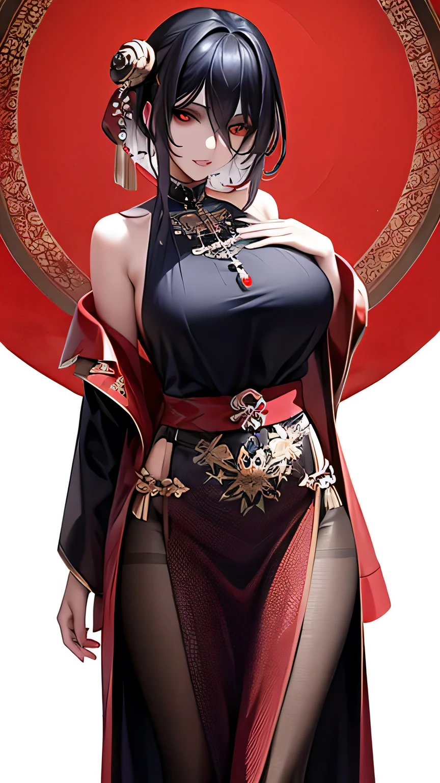 red eyes, (black and red fantasy eastern clothes with patterns and ornaments:1.28),
lady,mature female,
(white background, simple background:1.18),
highres,official art,original,masterpiece,best quality,
(large breasts), pantyhose