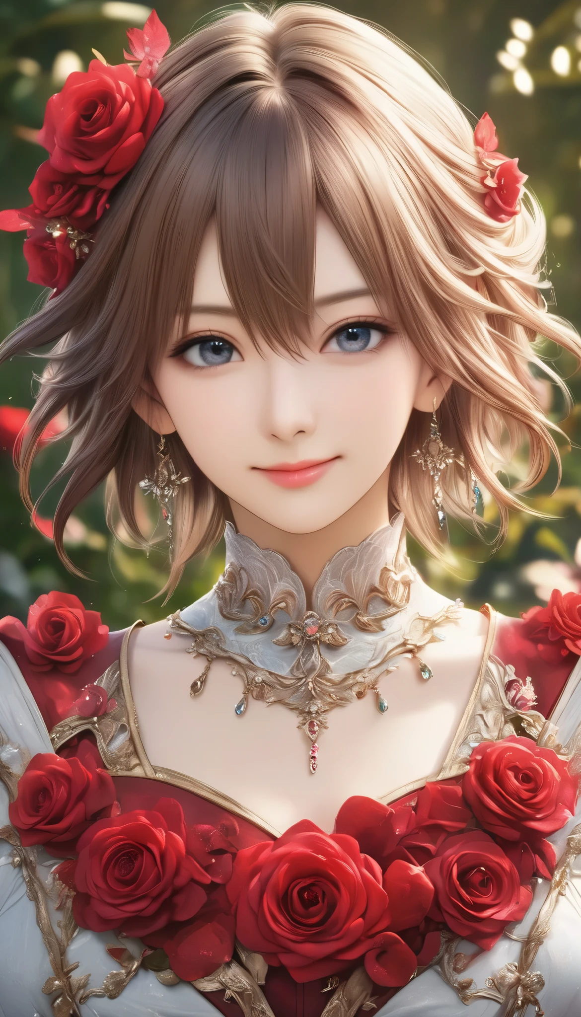 Final Fantasy Style , Takahashi Kazunari's masterpiece, Depiction of a face expressed down to the smallest detail, Detailed Eyes 、Detailed faces、A masterpiece of hair drawn down to the smallest detail , top quality, illustration , Super Detail, fine detail, high resolution, 8k wallpaper, perfect dynamic composition, beautiful detailed eyes, dress , medium hair , middle of chest, Natural Color Lip, full body shot, Random Sexy Poses,smile, rose garden, complicated light source 、 glitter、Mr.々Colored light 、 gorgeous 、Alluring