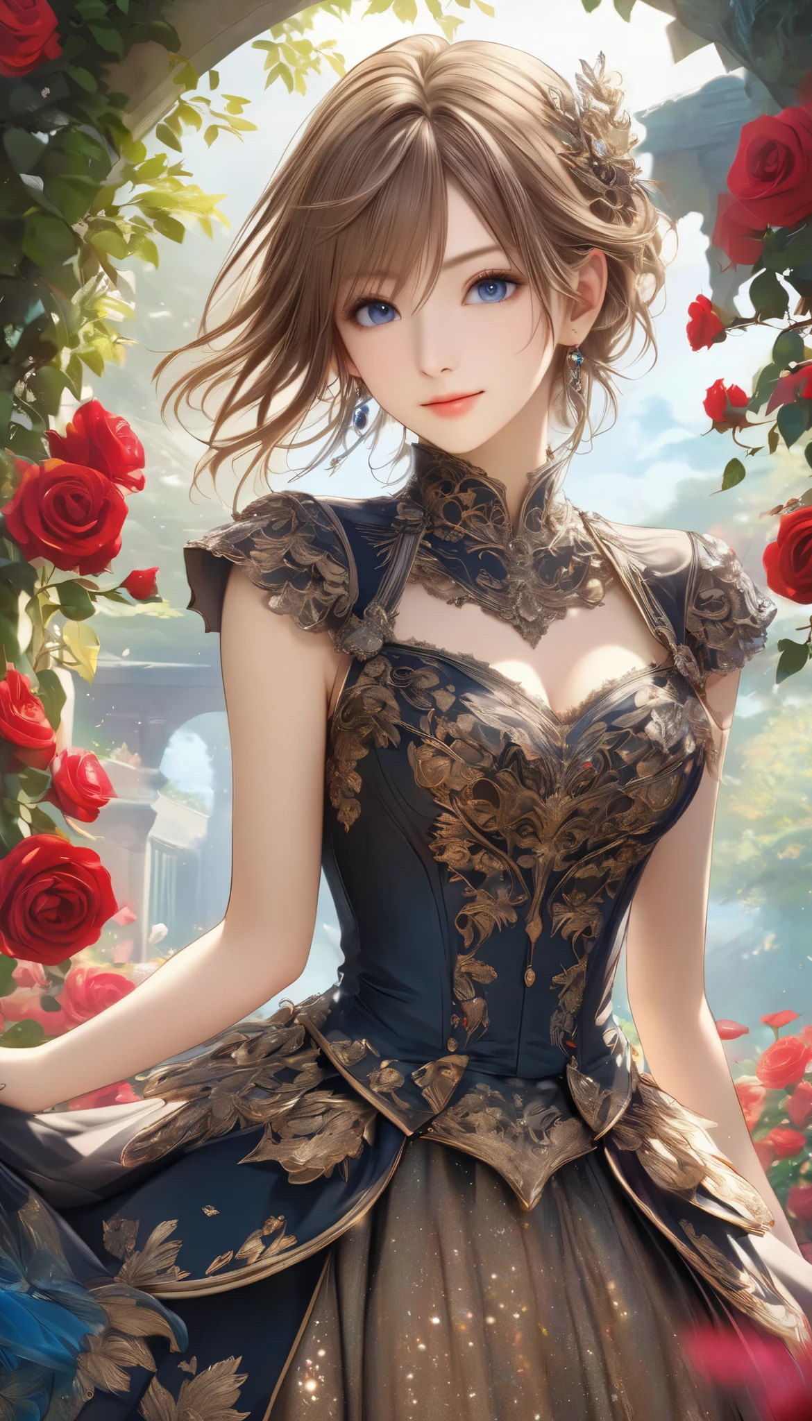 Final Fantasy Style , Takahashi Kazunari's masterpiece, Depiction of a face expressed down to the smallest detail, Detailed Eyes 、Detailed faces、A masterpiece of hair drawn down to the smallest detail , top quality, illustration , Super Detail, fine detail, high resolution, 8k wallpaper, perfect dynamic composition, beautiful detailed eyes, dress , medium hair , middle of chest, Natural Color Lip, full body shot, Random Sexy Poses,smile, rose garden, complicated light source 、 glitter、Mr.々Colored light 、 gorgeous 、Alluring