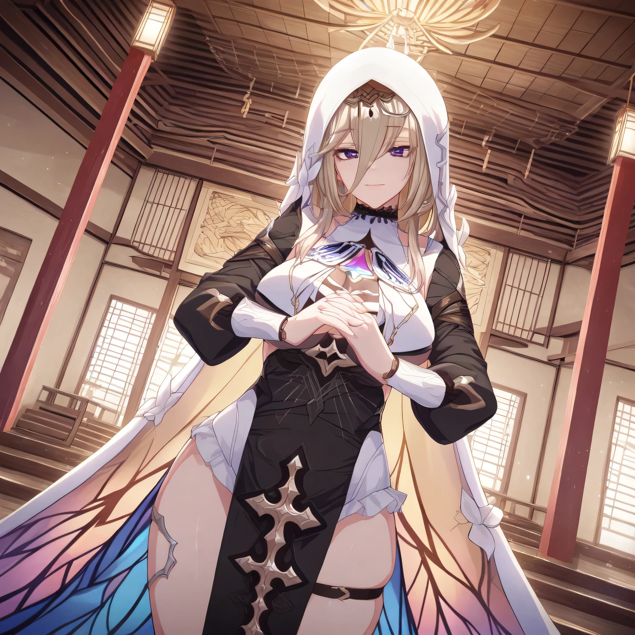 score_9, score_8_up, score_7_up, score_6_up, an Aponia Woman from (Honkai Impact), soucer_anime, sharp_LASCALAE, ultra sharp focus,, tools, more_details_x l, details:1.5, anime, ((temple, interior, Standing)),((Illustrations , Artgerm)),(Really, sense of reality:1.4),(perfect lighting, lenses, extremely detailed art,(blue eyes:1.4), (perfect lips, highly detailed pink lips), (realistic details), (realistic photo), (perfect body structure) , (skin texture style), (realism detailed), (Clear and Soft Skin), ((each strand of hair highly detailed)), (Perfect face), (Oval face), (Highly detailed face), ((Smiling)), ((Seductive expression)), (Big peach breasts), (Heart butt), ((Thick thighs)), ((Big ass)), ((Cleavage)), (Expressiveh), (Detailed background: 1.2), (illustration:1.4), (masterpiece: 1.4), (masterpiece, best quality:1.4), (High definition), ((Fingers perfect, Better hands, Perfect hands, Perfect legs, Perfect feet)), (Symmetrical body and face), (Amazing lighting), (3 Renderings), ((Nun outfit, hood, Corset, black dress, dress, habit, long sleeves, nun, veil, a belt on the left thigh, cross with diamonds )), ((More details, improve)), ((Aperture: f/2.0)), ((Depth of Field: Medium)), ((3/4 Angle)), ((Lens: 24mm wide-angle)), (close-up:1.2)), (modern and sophisticated custom interior design, UHD), | back view