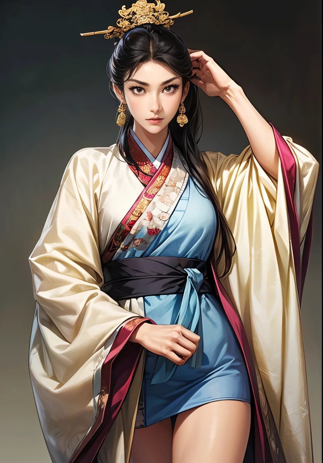 ((Create images from head to thigh:1.5)),  Three Kingdoms illustration , sanguo, (sanguozhi :1.5), (((female solo))),  Beautiful Woman,  beautiful face, various faces, (bhands:1.3), ((black hair)), various poses, (((make various facial expressions))), silver jewelry, (make a sexy look), (Korean traditional clothing:1.2), MFBP1:1.3, Woman standing back and looking, Brilliant background ,  blurry background , natural lighting