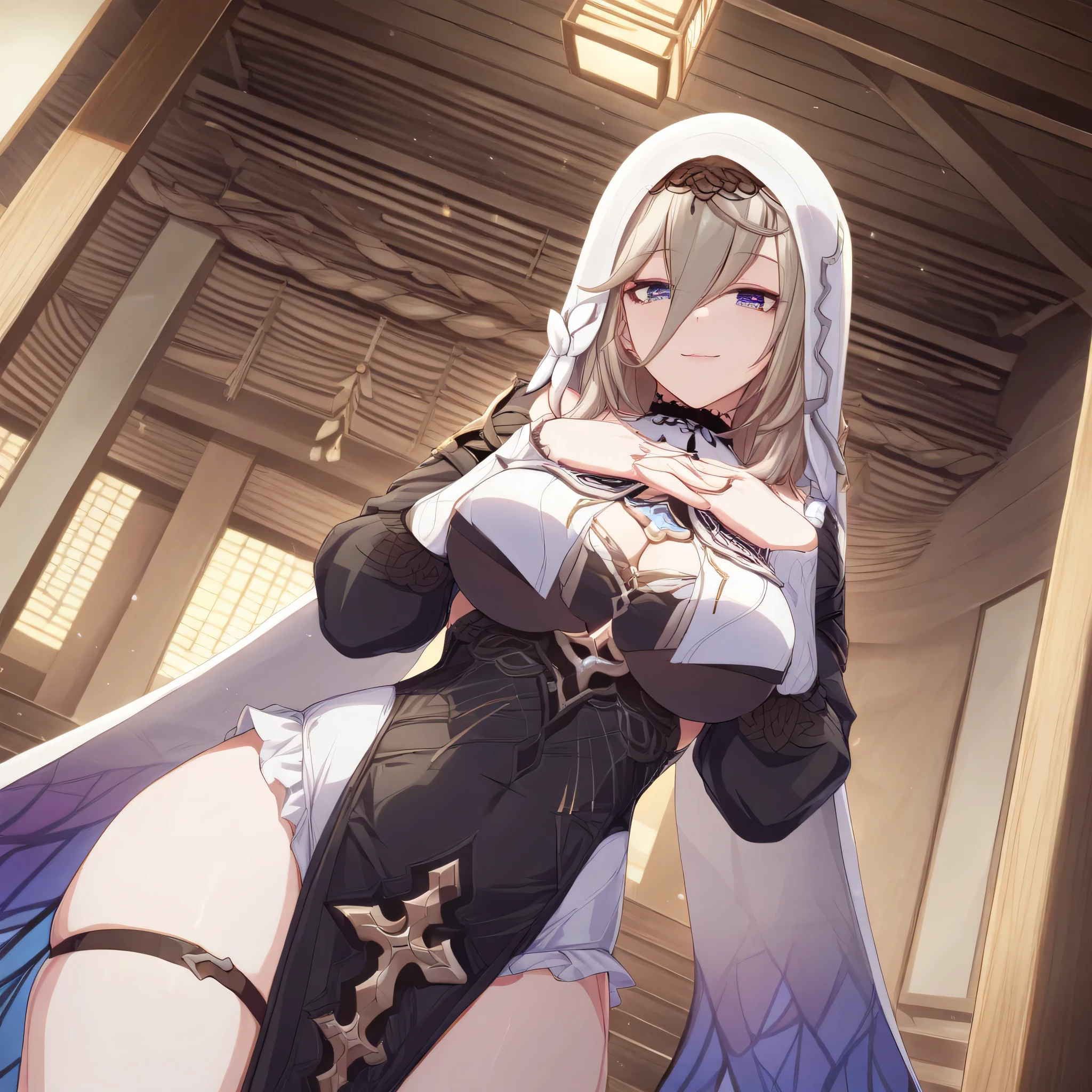 score_9, score_8_up, score_7_up, score_6_up, an Aponia Woman from (Honkai Impact), soucer_anime, sharp_LASCALAE, ultra sharp focus,, tools, more_details_x l, details:1.5, anime, ((temple, interior, deitada dormindo))，（(Illustrations , Artgerm))，（Really, sense of reality：1.4），（perfect lighting, lenses, extremely detailed art,（blue eyes:1.4), (perfect lips, highly detailed pink lips), (realistic details), (realistic photo), (perfect body structure) , (skin texture style), (realism detailed), (Clear and Soft Skin), ((each strand of hair highly detailed)), (Perfect face), (Oval face), (Highly detailed face), ((Smiling)), ((Seductive expression)), (Big peach breasts), (Heart butt), ((Thick thighs)), ((Big ass)), ((Cleavage)), (Expressiveh), (Detailed background: 1.2), (illustration:1.4), (masterpiece: 1.4), (masterpiece, best quality:1.4), (High definition), ((Fingers perfect, Better hands, Perfect hands, Perfect legs, Perfect feet)), (Symmetrical body and face), (Amazing lighting), (3 Renderings), ((Nun outfit, hood, Corset, black dress, dress, habit, long sleeves, nun, veil, a belt on the left thigh, cross with diamonds )), ((More details, improve)), ((Aperture: f/2.0)), ((Depth of Field: Medium)), ((3/4 Angle)), ((Lens: 24mm wide-angle)), (close-up:1.2)), (modern and sophisticated custom interior design, UHD), | front view
