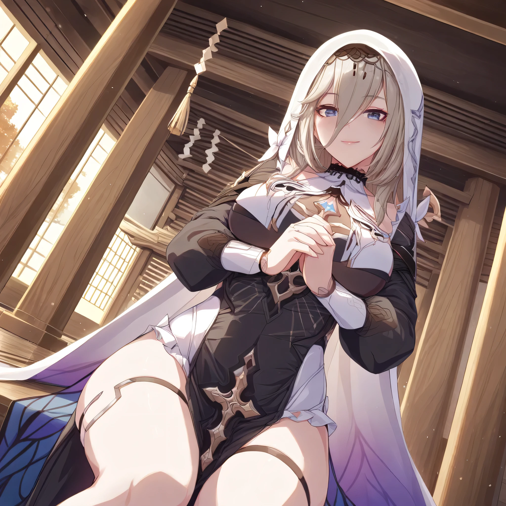 score_9, score_8_up, score_7_up, score_6_up, an Aponia Woman from (Honkai Impact), soucer_anime, sharp_LASCALAE, ultra sharp focus,, tools, more_details_x l, details:1.5, anime, ((temple, interior, de joelhos orando)),((Illustrations , Artgerm)),(Really, sense of reality:1.4),(perfect lighting, lenses, extremely detailed art,(blue eyes:1.4), (perfect lips, highly detailed pink lips), (realistic details), (realistic photo), (perfect body structure) , (skin texture style), (realism detailed), (Clear and Soft Skin), ((each strand of hair highly detailed)), (Perfect face), (Oval face), (Highly detailed face), ((Smiling)), ((Seductive expression)), (Big peach breasts), (Heart butt), ((Thick thighs)), ((Big ass)), ((Cleavage)), (Expressiveh), (Detailed background: 1.2), (illustration:1.4), (masterpiece: 1.4), (masterpiece, best quality:1.4), (High definition), ((Fingers perfect, Better hands, Perfect hands, Perfect legs, Perfect feet)), (Symmetrical body and face), (Amazing lighting), (3 Renderings), ((Nun outfit, hood, Corset, black dress, dress, habit, long sleeves, nun, veil, a belt on the left thigh, cross with diamonds )), ((More details, improve)), ((Aperture: f/2.0)), ((Depth of Field: Medium)), ((3/4 Angle)), ((Lens: 24mm wide-angle)), (close-up:1.2)), (modern and sophisticated custom interior design, UHD), | front view
