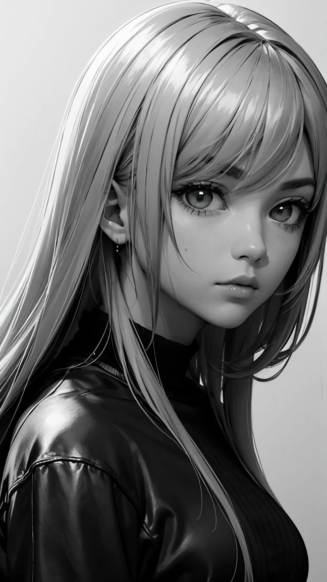 1 boyish lady, solo, sharp eyes, monochrome, greyscale, short black hair, portrait, T-shirt, closed mouth, looking at viewer, sketch, graphite \(medium\), detailed lips, hatching \(texture\), without makeup, bangs, upper body, (best illustration), (best quality), (very detailed), (masterpiece), expressionless,