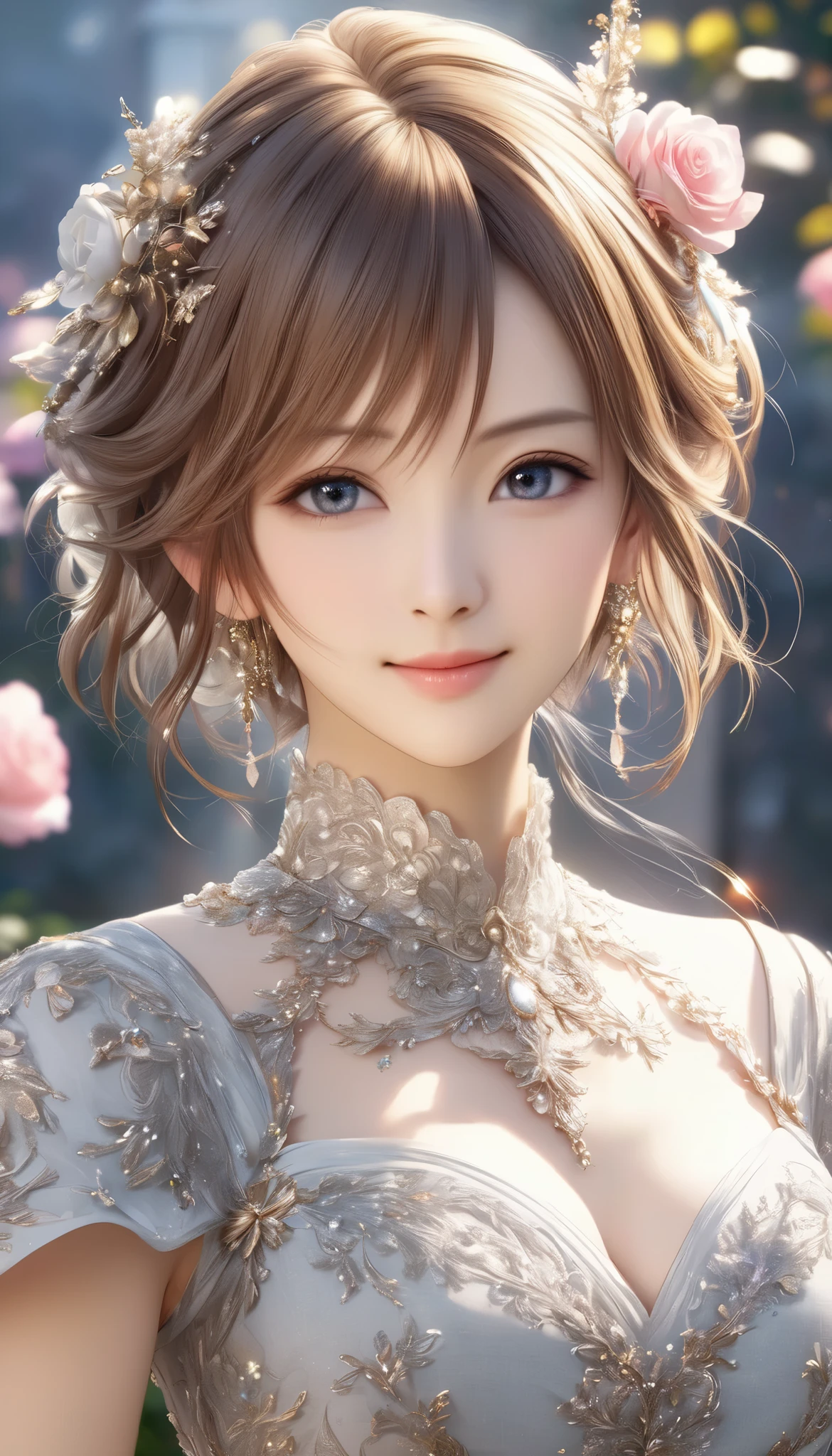 Final Fantasy Style , Takahashi Kazunari's masterpiece, Depiction of a face expressed down to the smallest detail, Detailed Eyes 、Detailed faces、A masterpiece of hair drawn down to the smallest detail , top quality, illustration , Super Detail, fine detail, high resolution, 8k wallpaper, perfect dynamic composition, beautiful detailed eyes, dress , medium hair , middle of chest, Natural Color Lip, full body shot, Random Sexy Poses,smile, rose garden, complicated light source 、 glitter、Mr.々Colored light 、 gorgeous 、Alluring