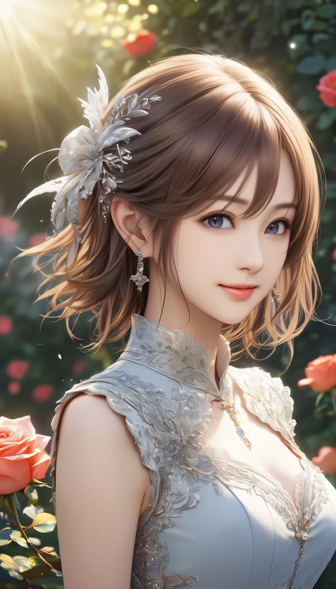 Final Fantasy Style , Takahashi Kazunari's masterpiece, Depiction of a face expressed down to the smallest detail, Detailed Eyes 、Detailed faces、A masterpiece of hair drawn down to the smallest detail , top quality, illustration , Super Detail, fine detail, high resolution, 8k wallpaper, perfect dynamic composition, beautiful detailed eyes, dress , medium hair , middle of chest, Natural Color Lip, full body shot, Random Sexy Poses,smile, rose garden, complicated light source 、 glitter、Mr.々Colored light 、 gorgeous 、Alluring