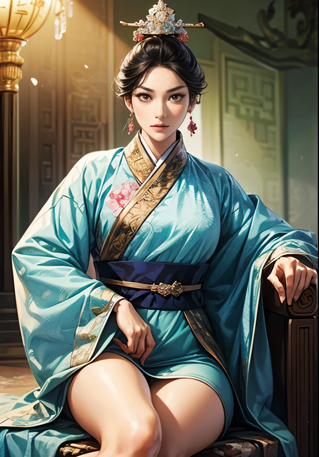 ((Create images from head to thigh:1.5)), Three Kingdoms illustration , sanguo, (sanguozhi :1.5), (((female solo))), Beautiful Woman, beautiful face, various faces, (bhands:1.3), ((black hair)), various poses, (((make various facial expressions))), silver jewelry, (make a sexy look), (Korean traditional clothing:1.2), MFBP1:1.3, Woman standing back and looking, Brilliant background , blurry background , natural lighting, woman sitting on a chair