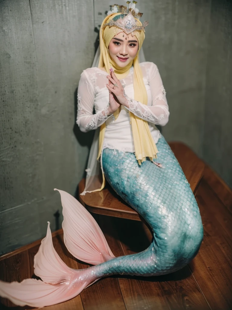 Lamia, lamia tail below waistline, water, hijab, blue eyes, white hijab, full body, swim, long dress, white dress, 