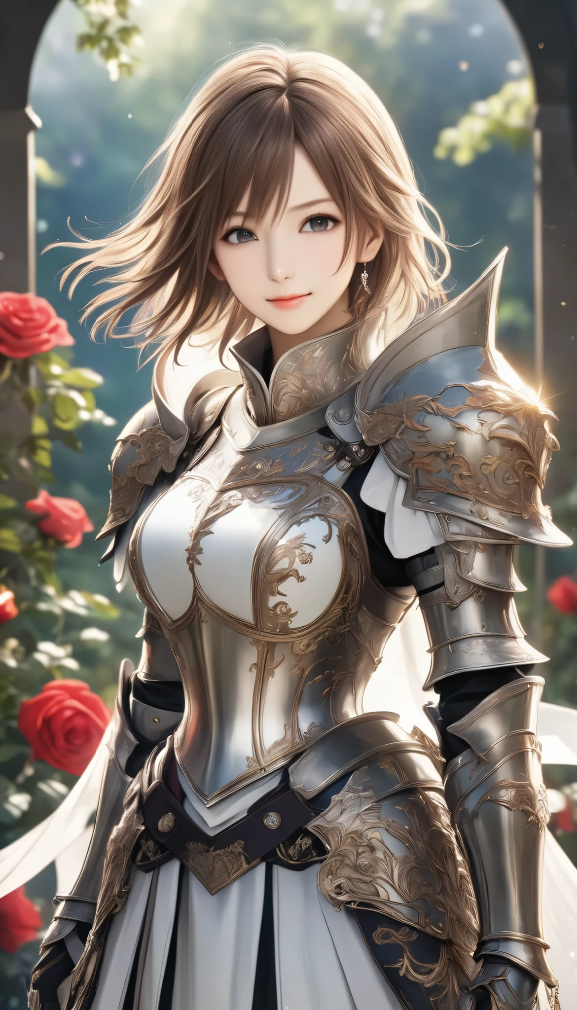 Final Fantasy Style , Takahashi Kazunari's masterpiece, Depiction of a face expressed down to the smallest detail, Detailed Eyes 、Detailed faces、A masterpiece of hair drawn down to the smallest detail , top quality, illustration , Super Detail, fine detail, high resolution, 8k wallpaper, perfect dynamic composition, beautiful detailed eyes, dress , medium hair , middle of , Natural Color Lip, full body shot, Random Poses,smile, Knight, wearing Knight armor, rose garden, complicated light source 、 glitter、Mr.々Colored light 、 gorgeous 、Alluring