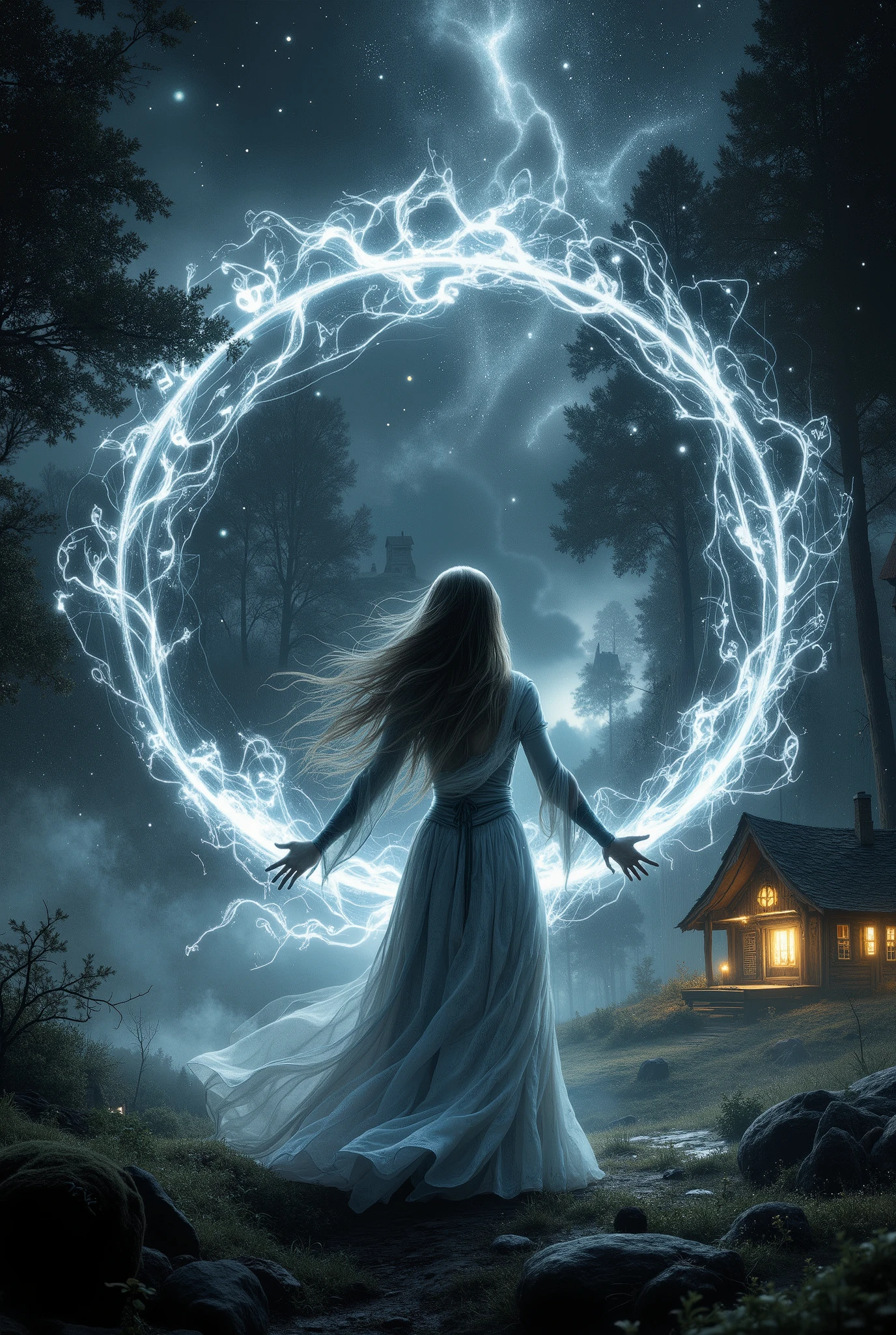 fantasy style, Fantasy, fantasy, beautiful cinematic scene , A sorceress girl stands in a circle that glows with symbols, magic happens, her hair rises slowly in a gust of wind , from them radiates a small silver , a magical stream envelops her body , glow against the background of a forest and a small house at night , beautiful stars shine and everything magical , masterpiece, 8 k, best quality, complicated details, maximum number of details , perfect picture , Точность,
