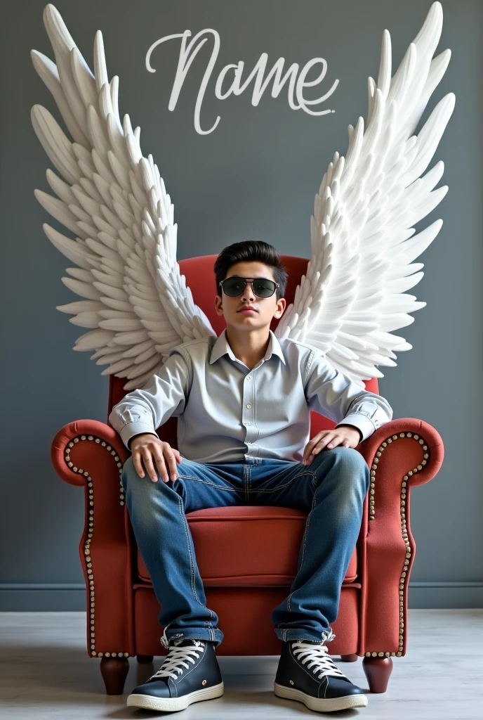 A man sitting on blue chair. The man has wings. The man has wear jeans jacket on white tshirt.The man has wear blue jeans 👖. Man has wear white shoes. The man has wear yellow glasses