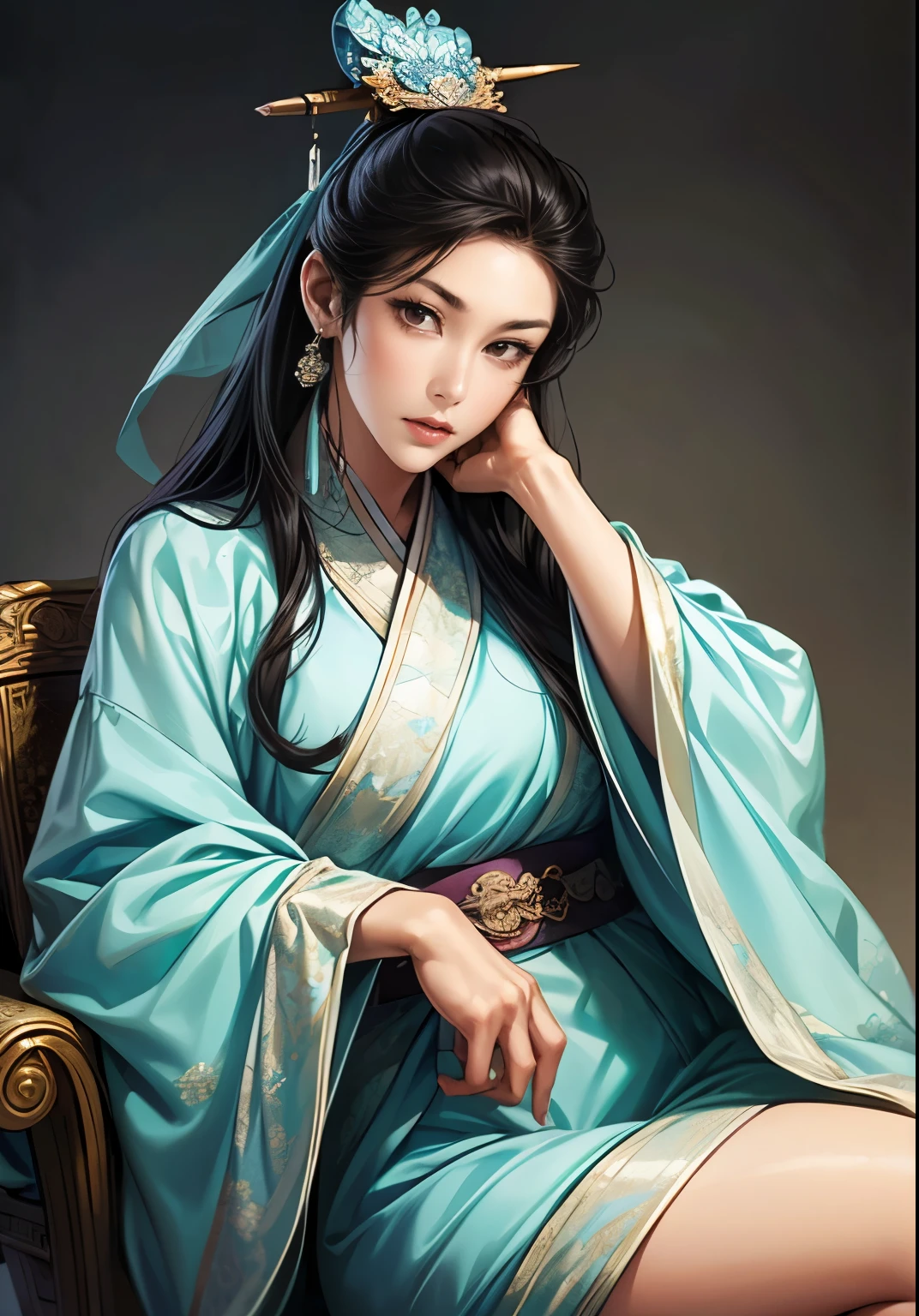 ((Create images from head to thigh:1.5)),  Three Kingdoms illustration , sanguo, (sanguozhi :1.5), (((female solo))),  Beautiful Woman,  beautiful face, various faces, (bhands:1.3), ((black hair)), various poses, (((make various facial expressions))), silver jewelry, (make a sexy look), (Korean traditional clothing:1.2), MFBP1:1.3, Woman standing back and looking, Brilliant background ,  blurry background , natural lighting, woman sitting on a chair
