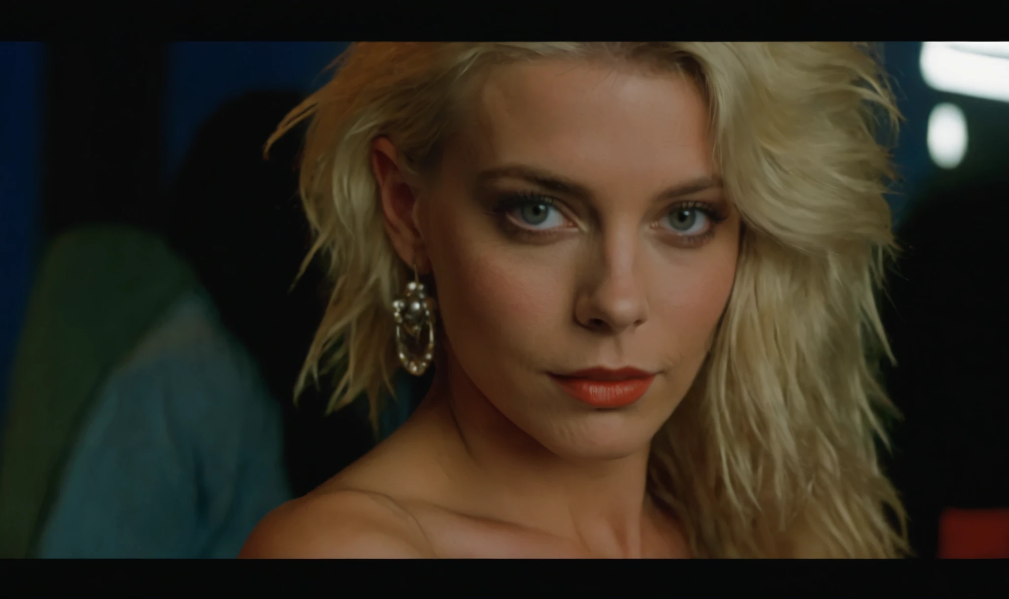  blonde blonde with big earrings and big earrings poses for a photo, movie screen shot, Movie screenshot, скриншот vhs,  video footage still from 1985 , full frame, Movie screenshot, 1 9 8 6 Movie screenshot,  video clip die antwoord , dvd screenshot , Charlize,  youtube video screenshot ,  screenshot from the movie 