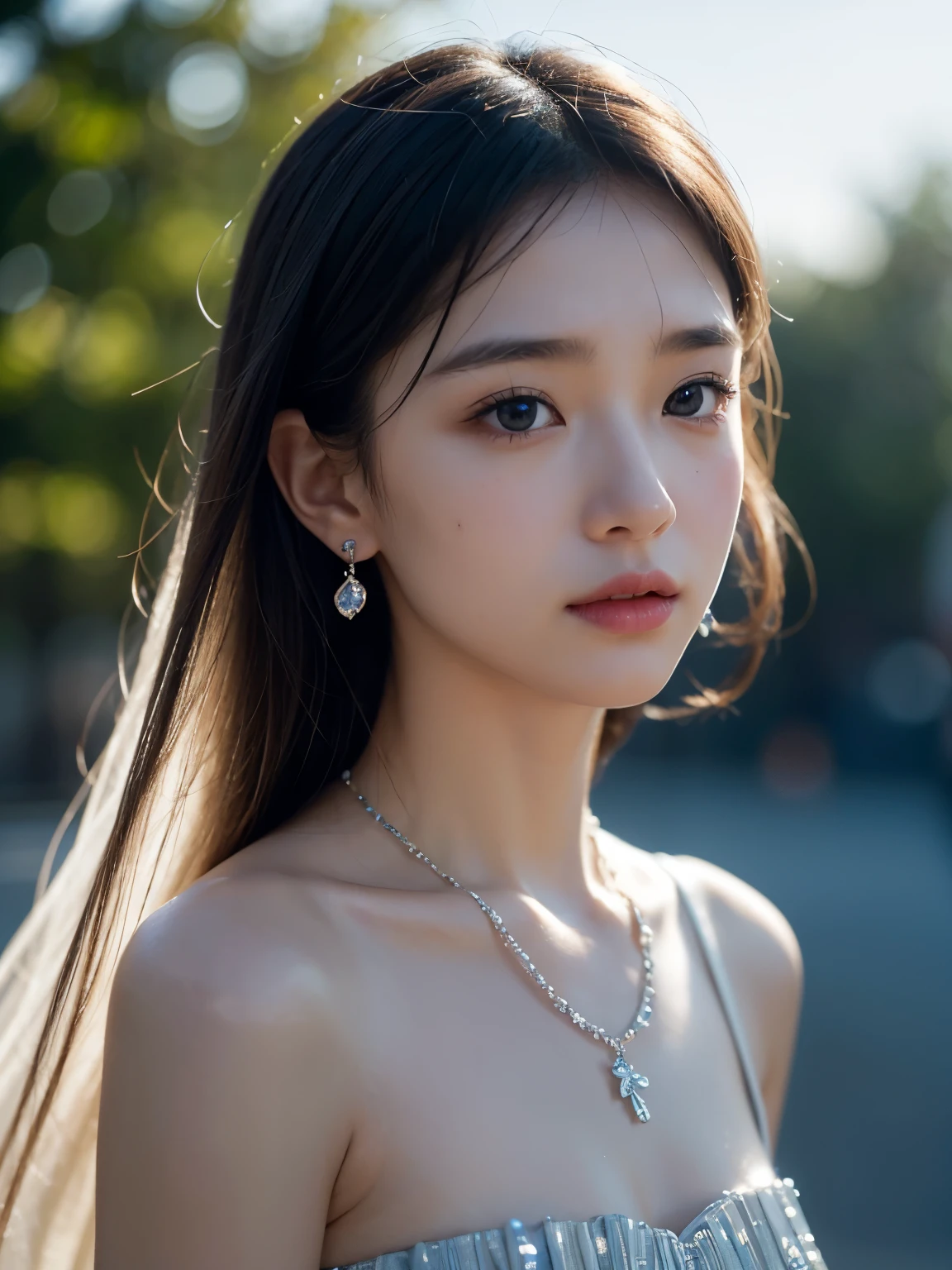 masterpiece, top quality, Awareness-raising, Sax Blue, Platinum Earrings, Platinum Necklace, white dress, 1 girl, cute little , ( dynamic lighting :1.2), cinematic lighting , Delicate Facial Features , detailed eyes , sharp pupils, Realistic pupil, depth of coverage, ボケ depth of coverage, clear focus, ( Super Detail, bloom, Shine:1.4), Lots of little jewels 、 、 flat body、 on the tip of the nose 、's face、(The background is a black and white gingham check.:1.2)
