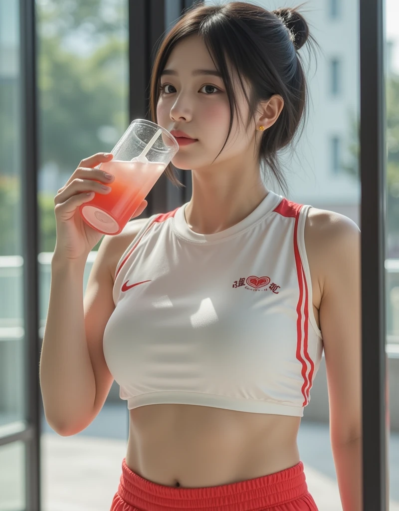 Product quality,1 girl,Cheerleader,Cowboy Shot,Young and cute Japanese,20-year-old,((Stadium bench background:1.2)),A small smile,cheer leading,break,Place the pom-poms,Sit cross-legged on a bench,Wipe the sweat with a towel,Drink a sports drink,Complete off-shot,Cheerleaderuniform,Ultra Short Short Pleated Mini Skirt,Very cute face,Baby Face,Glossy Lips,(Beautiful big eyes),Gray Eyes,Double eyelids on both eyes,(Natural Makeup),shiny smooth light brown long hair,,Asymmetrical bangs,Floating Hair NovaFrog Style,Center image,8k resolution,Attention to detail,Detailed hairstyle,Detailed face,Cinema Lighting,Octane Rendering,Ultra-realistic,(Glowing Skin, Sweaty:1.3)Perfect limbs,Beautiful legs,Voluptuous thighs,Huge breasts,(Expresses the roundness and softness of the chest area..........1),Perfect Anatomy,((relax:1.3))